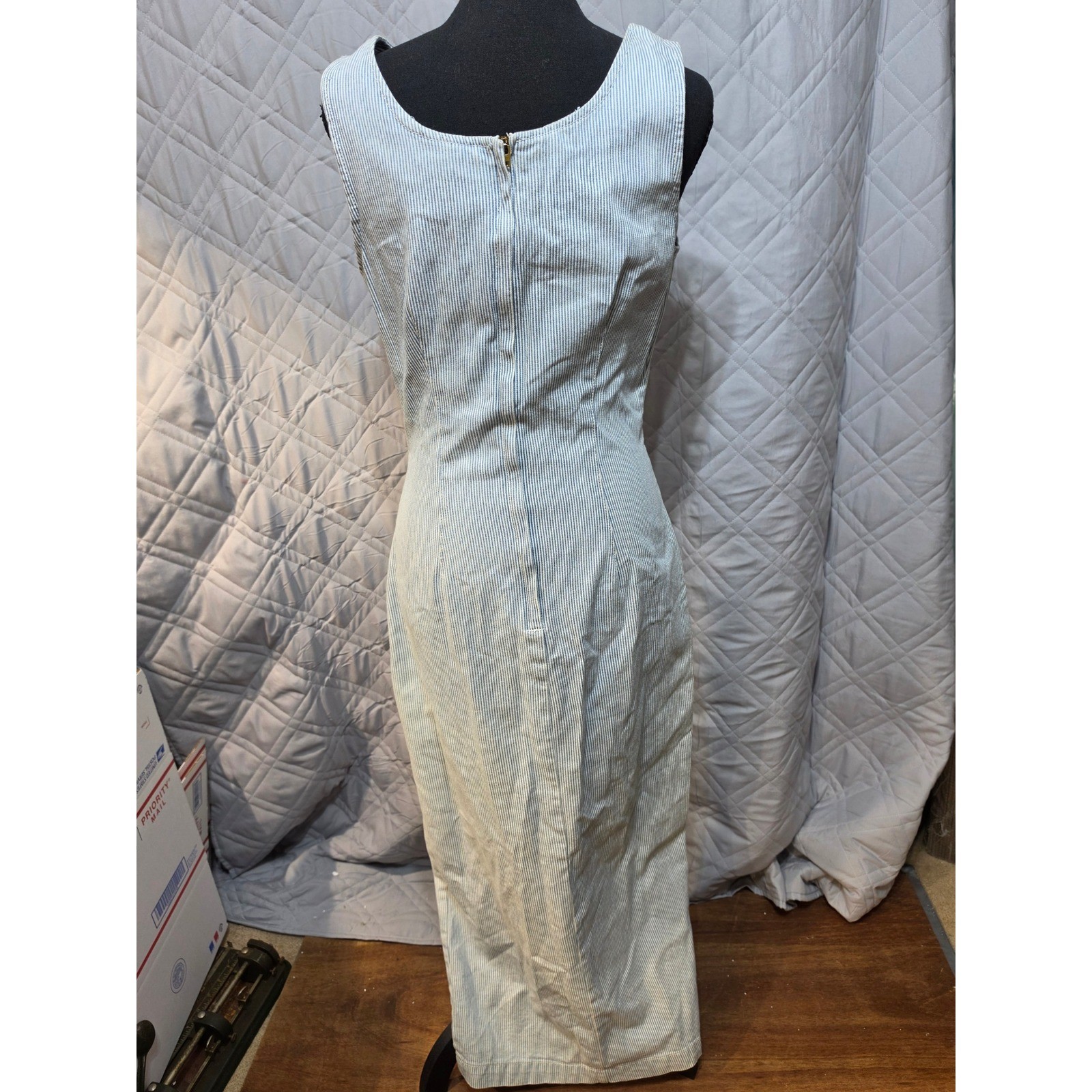 Paris Sport Club Vintage 90s Hickory Stripe Denim Maxi Dress Blue White Size 7