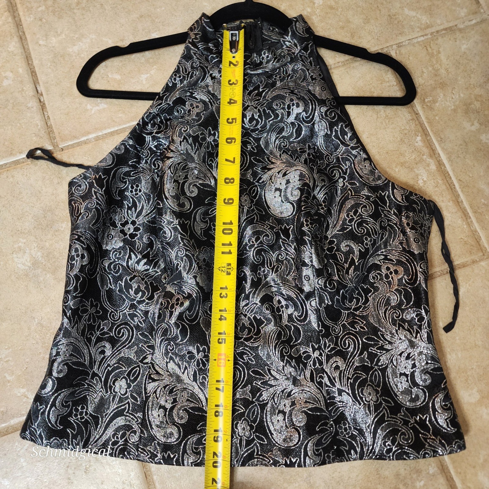 Vintage Michaelangelo Silver Metallic Floral Brocade Halter Mock Neck Top 90s 12