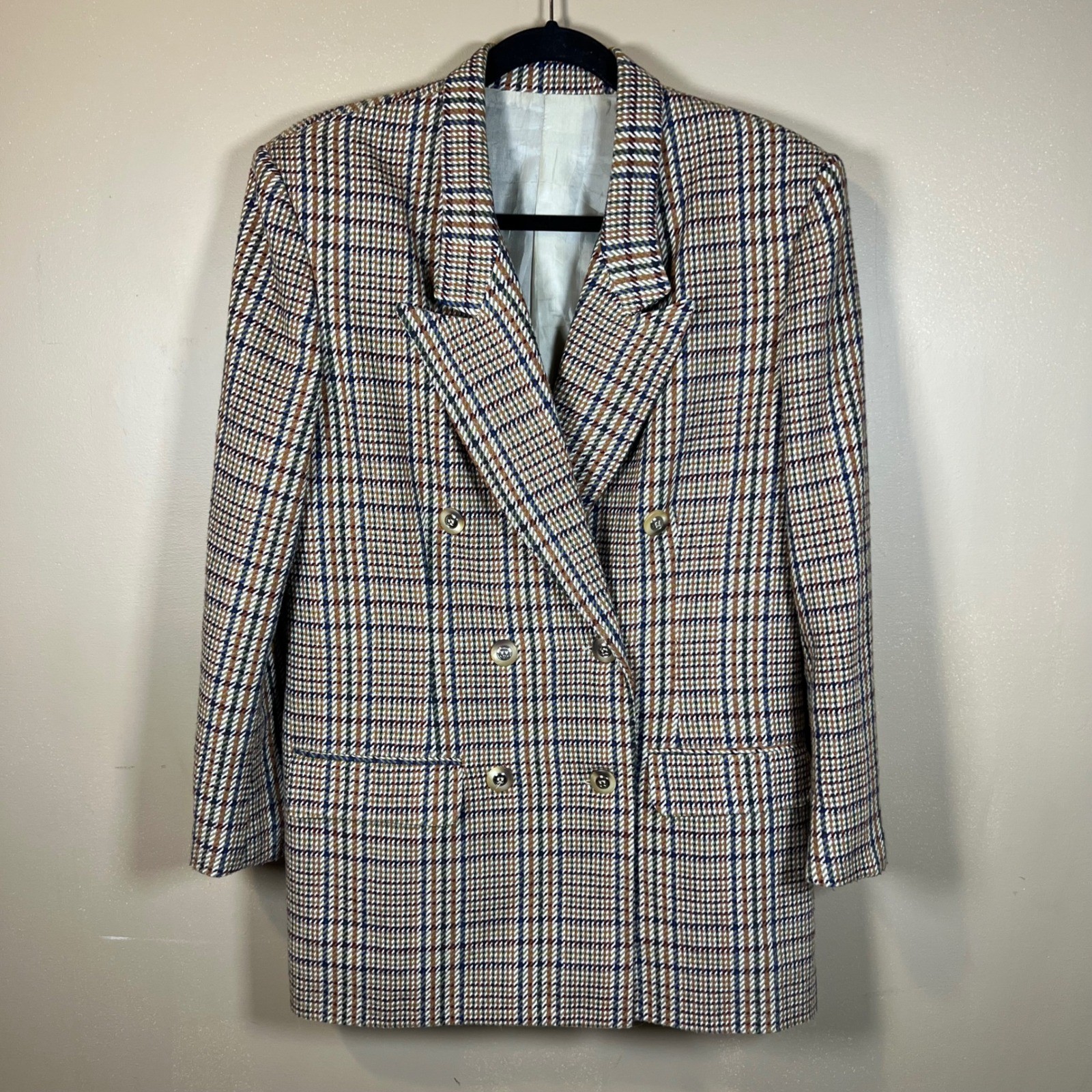 Hugo Buscati Milano Vintage Plaid Skirt Suit Brown Blue Wool Blend Size 8 USA