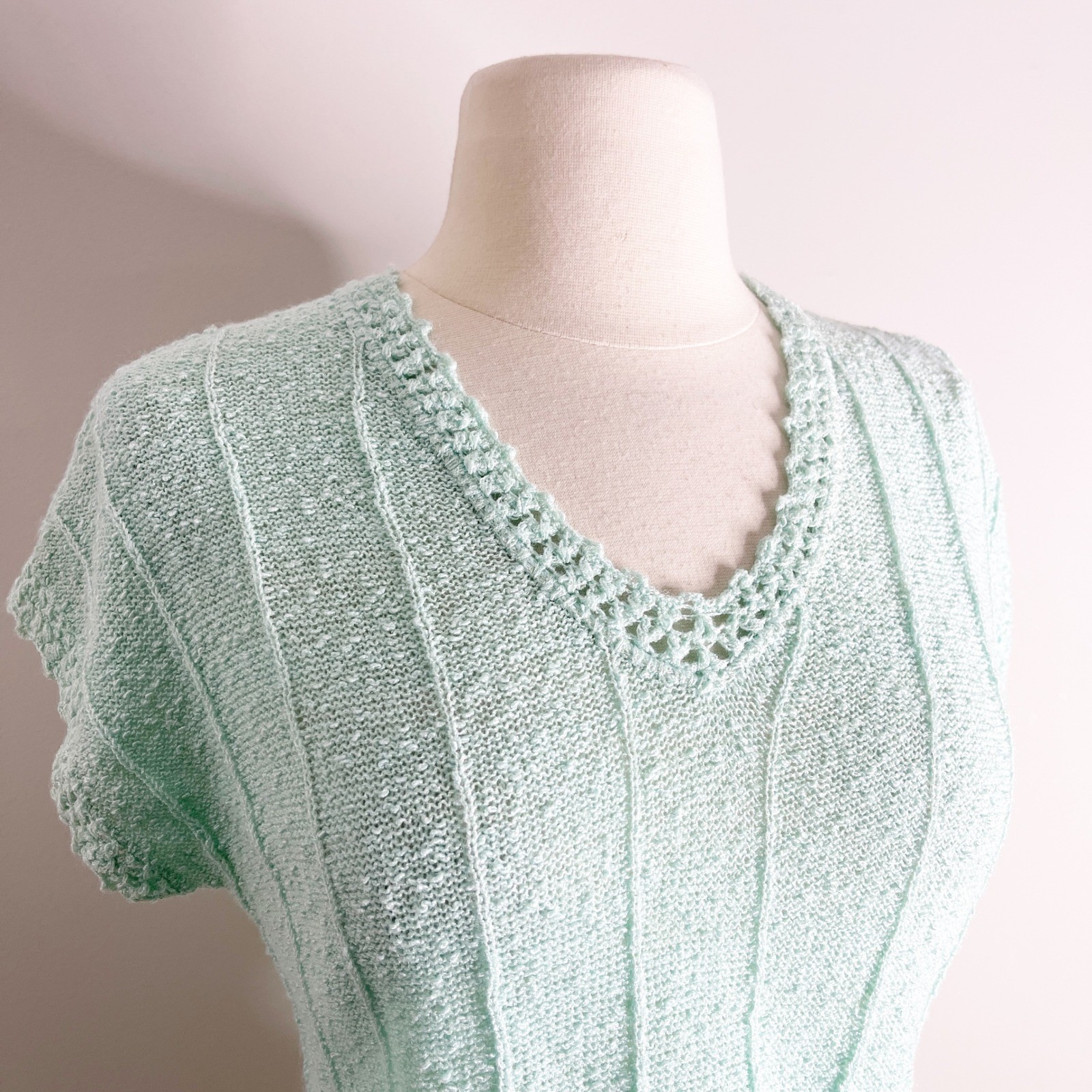 Townhouse Vintage Grannycore Mint Green Knit V-Neck Short Sleeve Top Medium