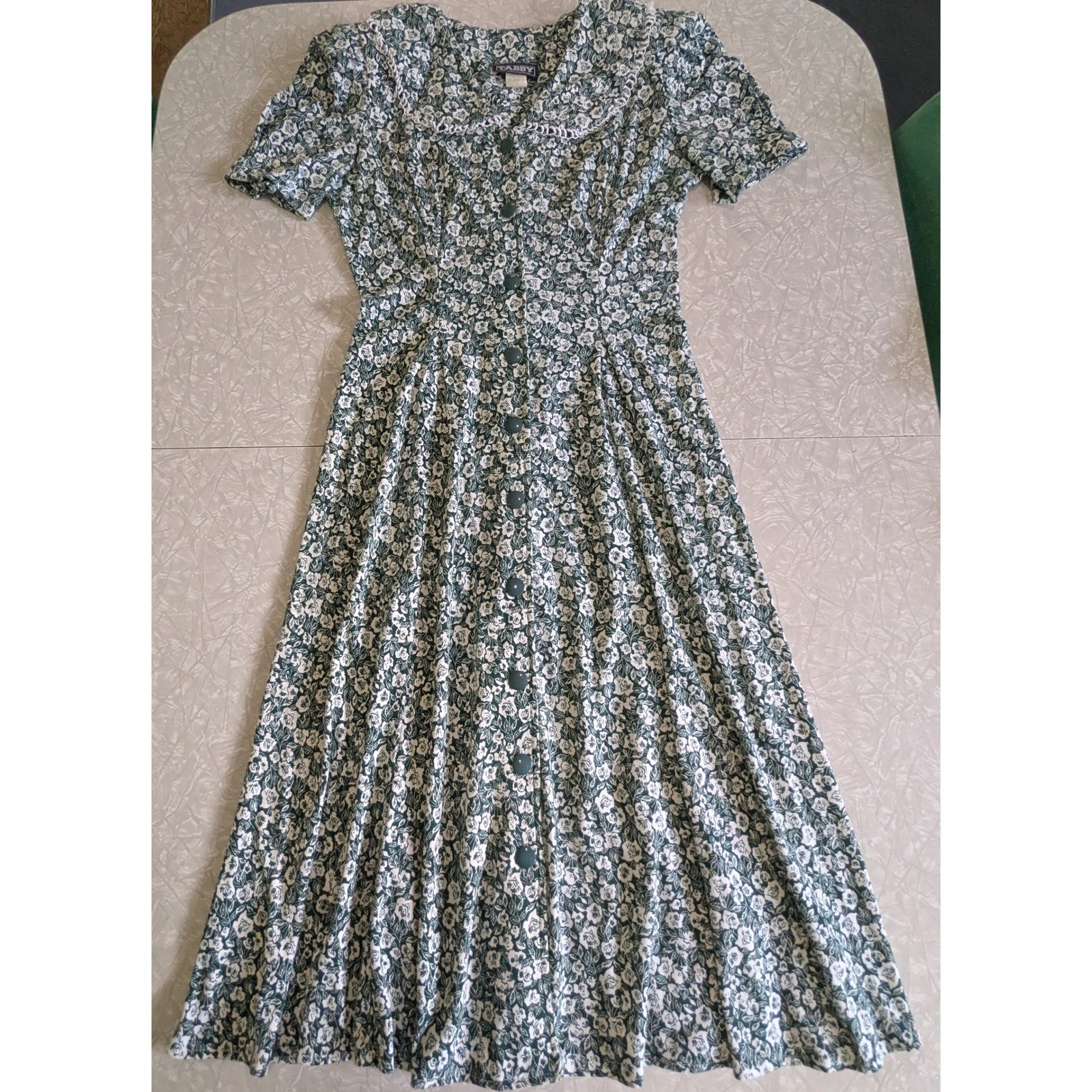 Vintage 80s Tabby of California Green Floral Midi Dress Cottagecore Prairie 12