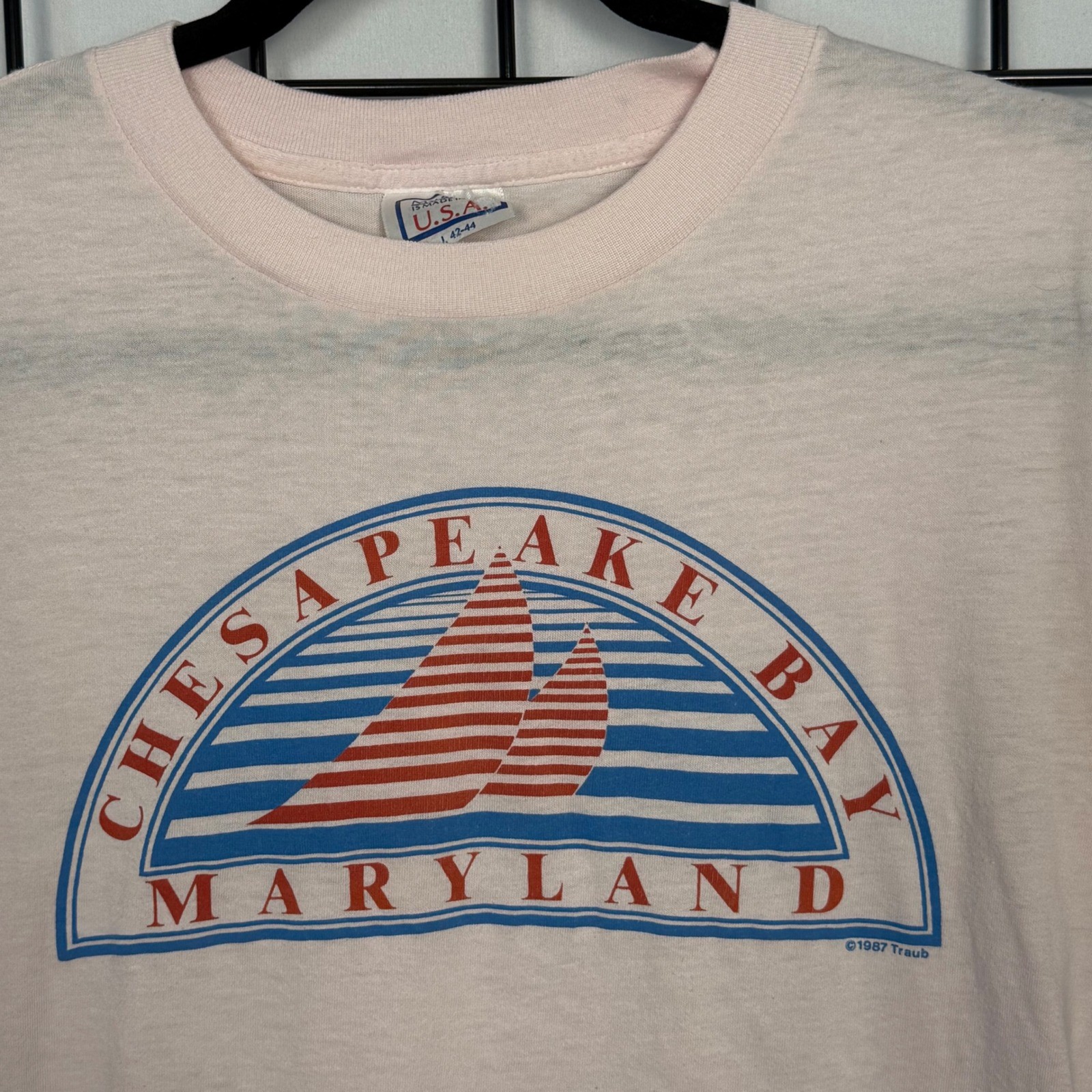Vintage Chesapeake Bay T-Shirt Womens L Pink 1987 Sailboat 80s Single Stitch