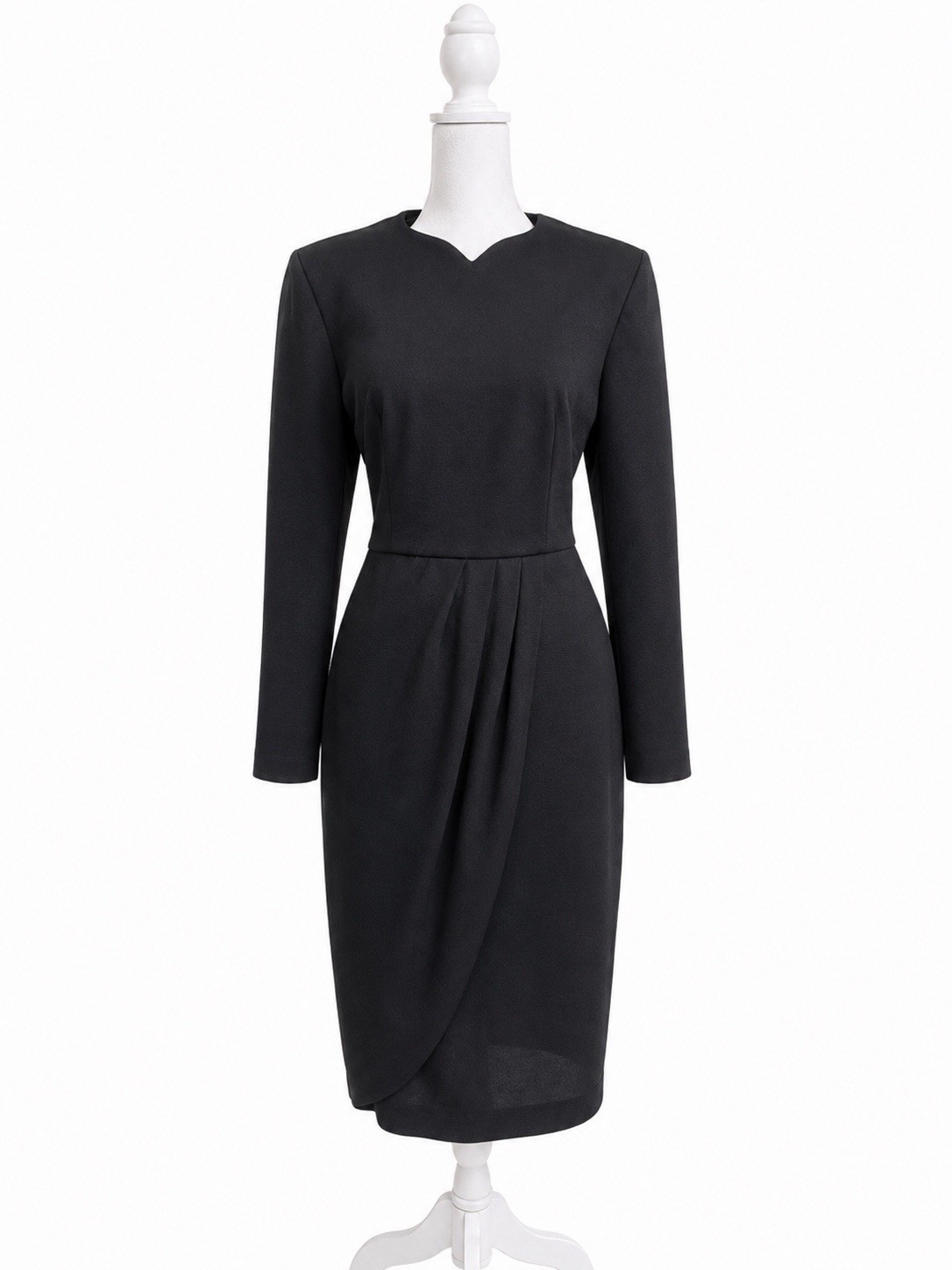 Vintage Caron Chicago Black Draped Sheath Midi Dress Womens 8 Long Sleeve