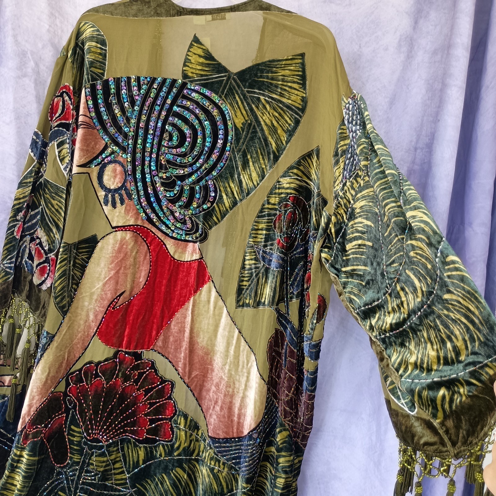 Chico’s Vintage Olive Silk Velvet Burnout Tassel Beaded Kimono