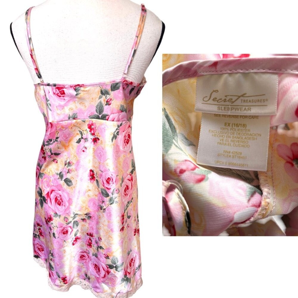 Y2K VINTAGE PINK ROSES SATIN LACE TRIM MINI DRESS SIZE 1X 16-18