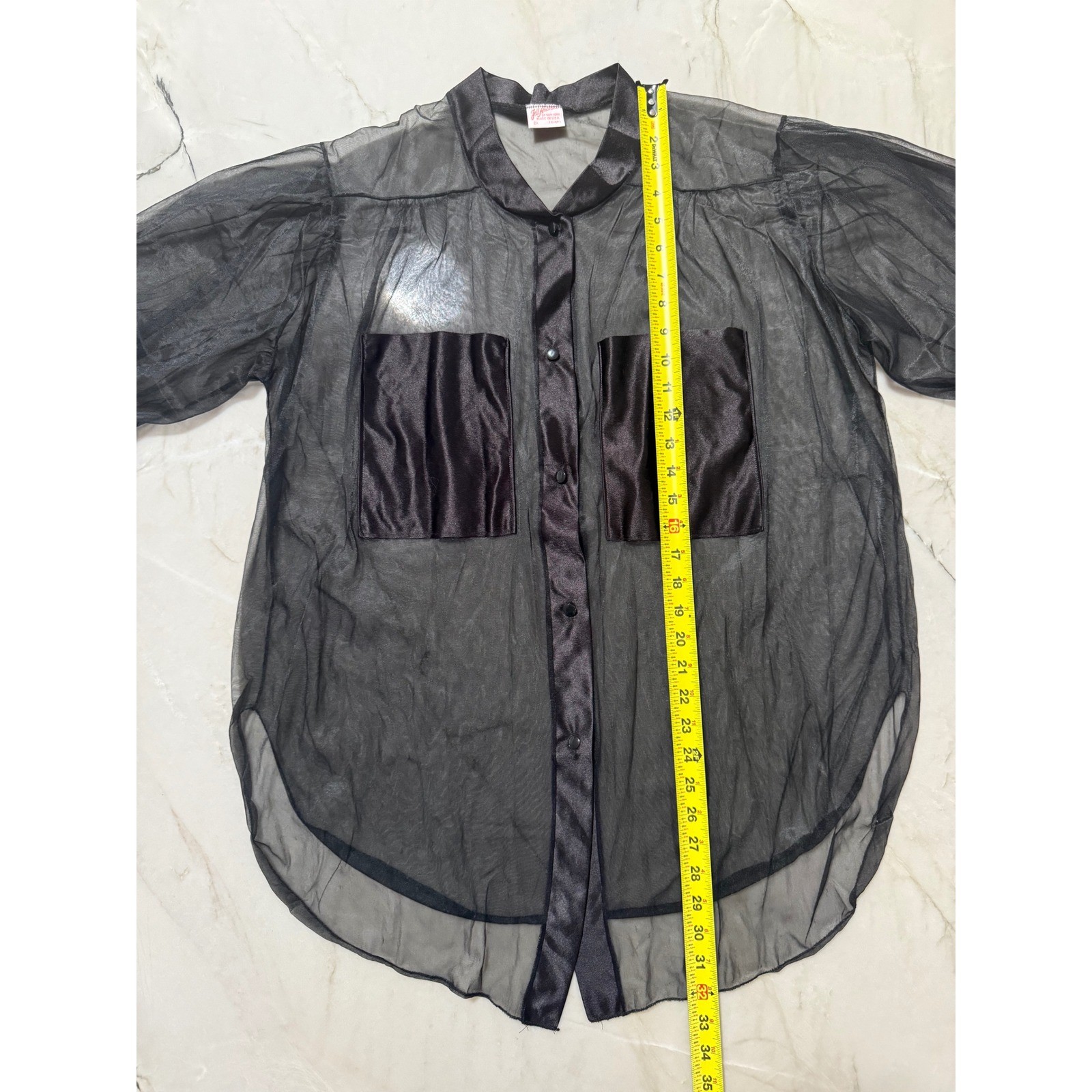 VTG Jill Andrea of New York Sheer Mesh Button Up Top Black Satin Pockets 2X USA