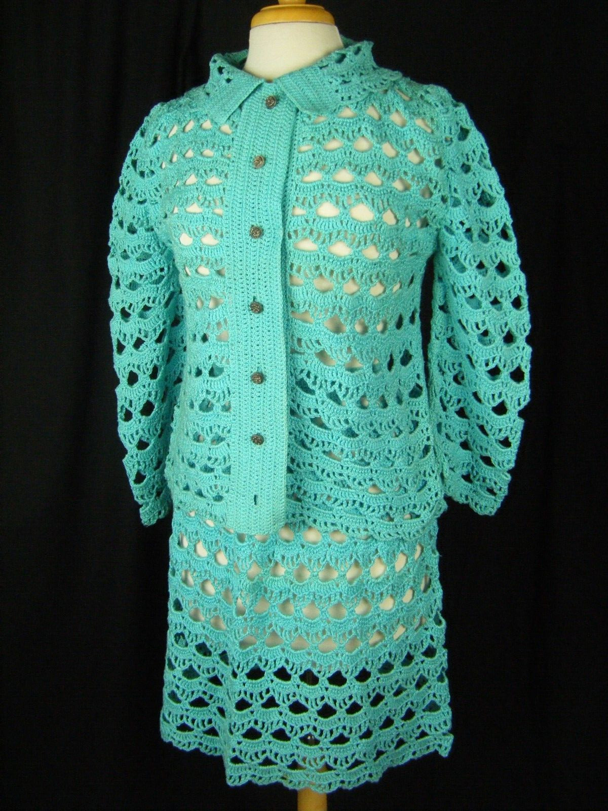 Vtg 60-70s Handmade Blue Crochet Eyelet Cardigan & Skirt-Bust 38/Waist 23-28