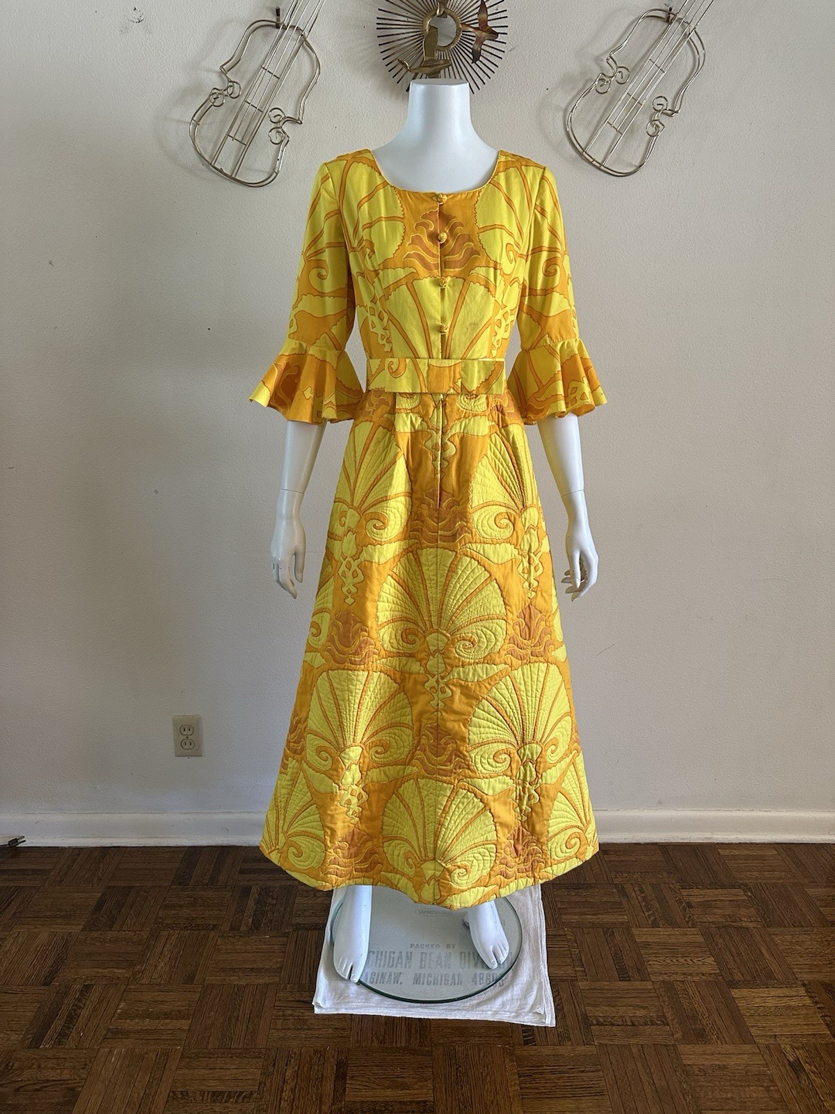 1960s Van Dee Bangkok Quilted Maxi Dress Psychedelic Bell Sleeve Resort Hostess