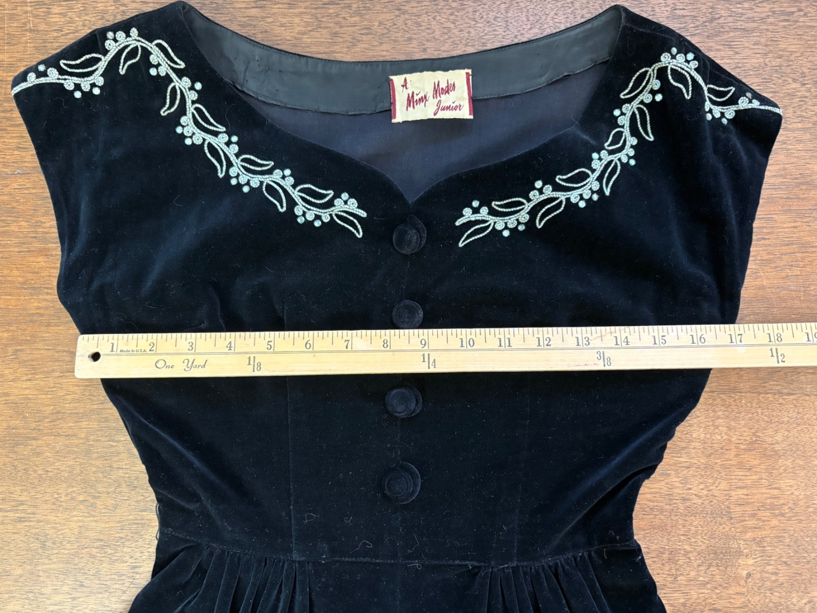 VTG 40s 50s MINX MODES Velveteen Dress Cord Embroidery Rhinestone Boat Neck XS