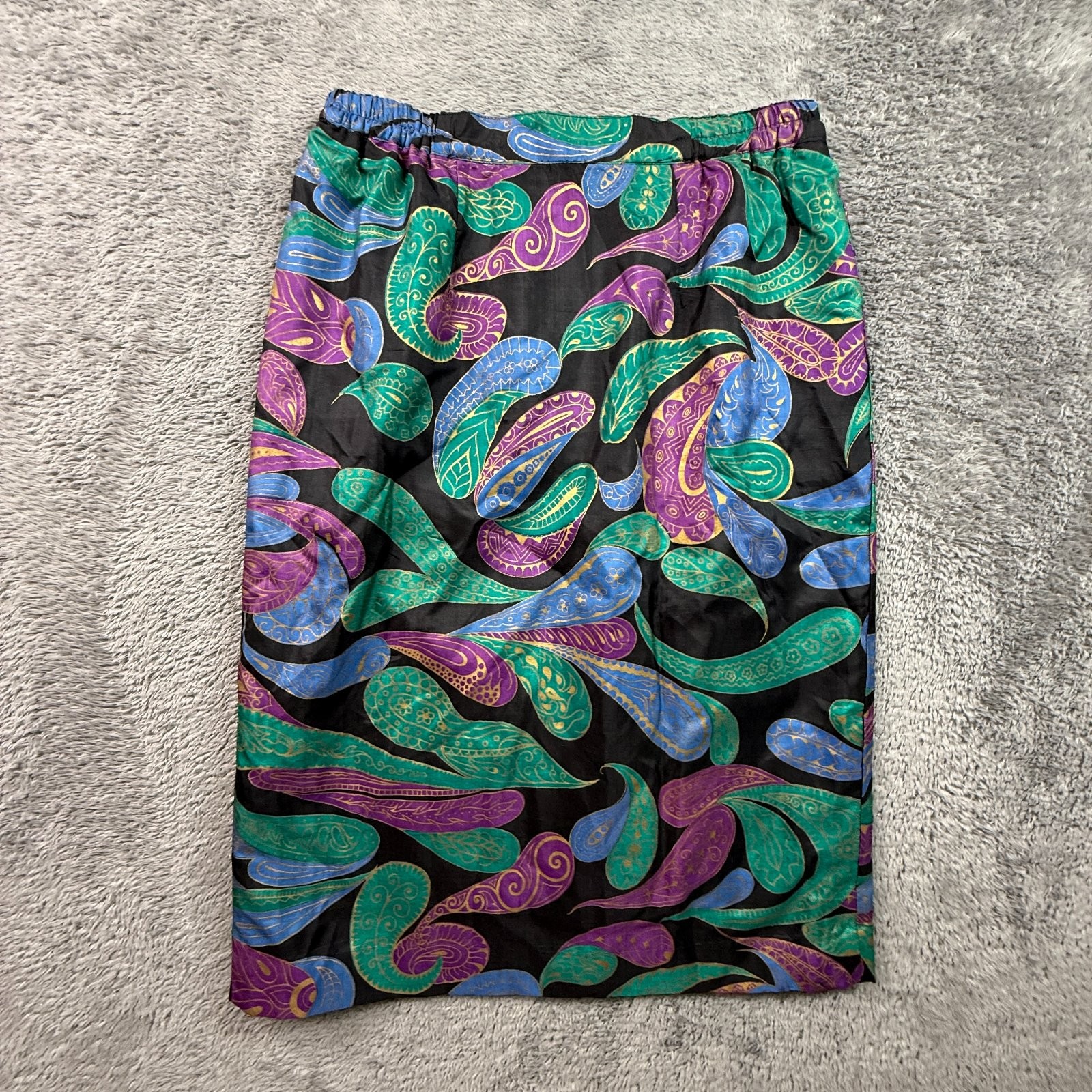 Vintage Thai Hand Woven Silk Paisley Skirt Womens M Black Purple Teal Gold