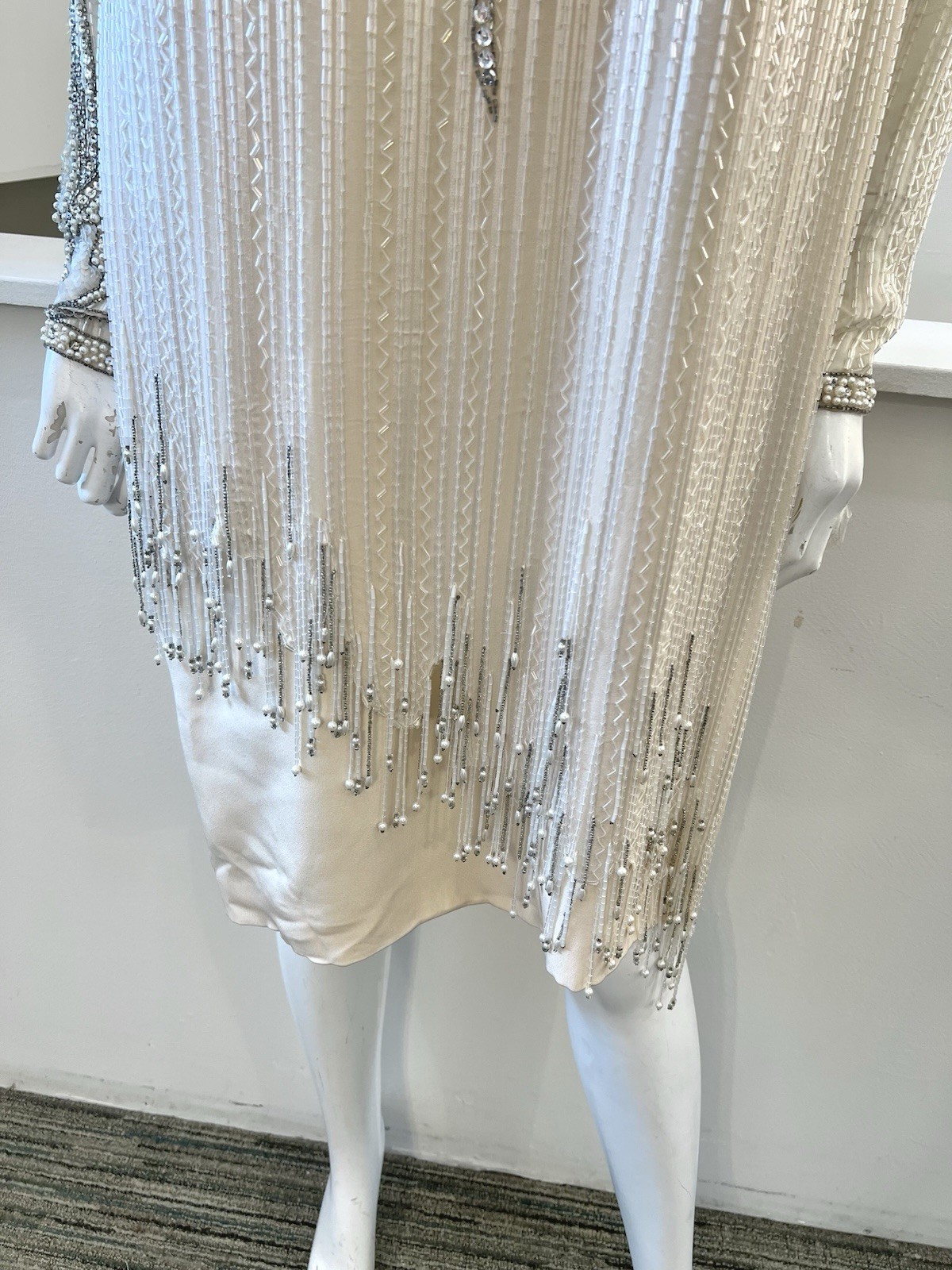1980s BOB MACKIE Cream & Silver Beaded Silk Evening Dress Size 12