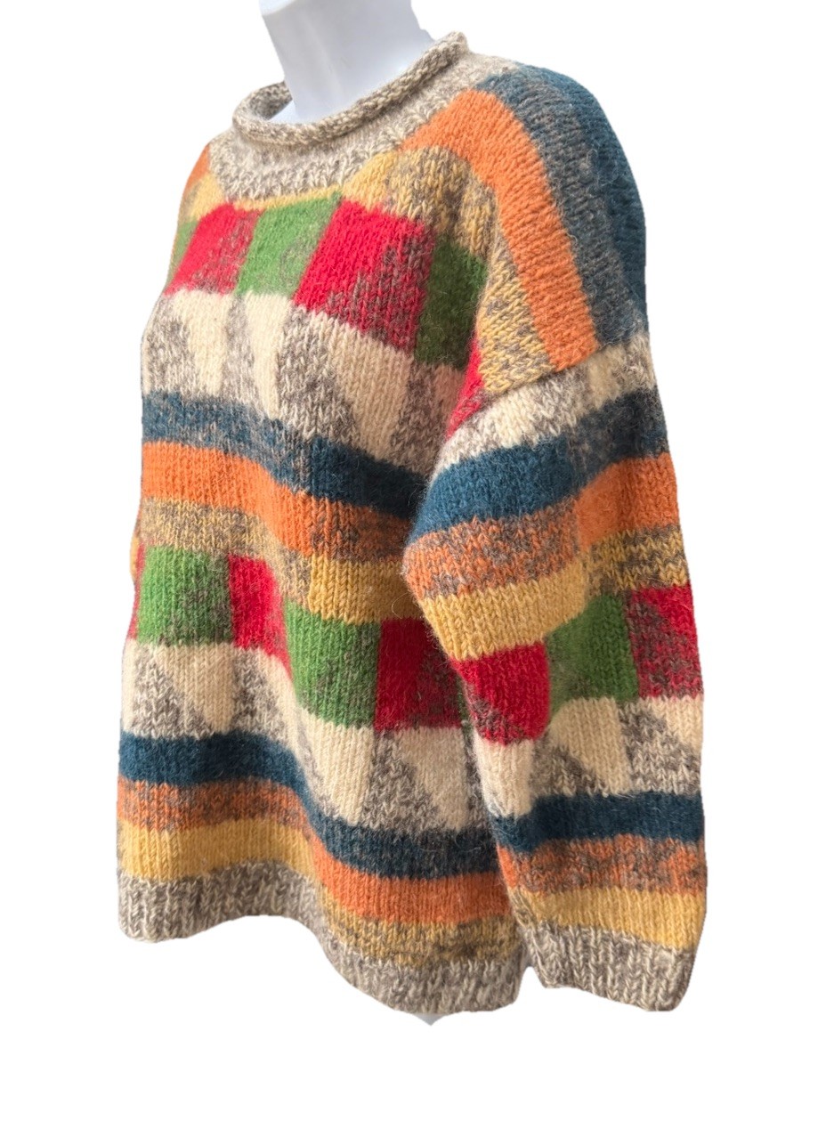 Vtg Patchwork Wool Knit Sweater L/XL Chunky Fuzzy Oversized Multicolor Bright