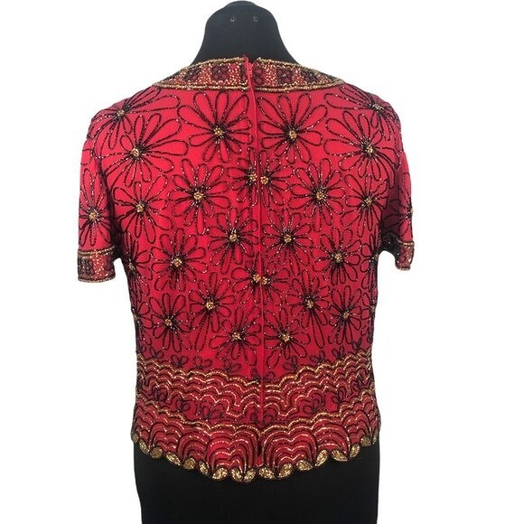 VTG Red/Black/Gold Stunning 90’s Adrianna Papell Evening Silk Beaded Top Sz XL