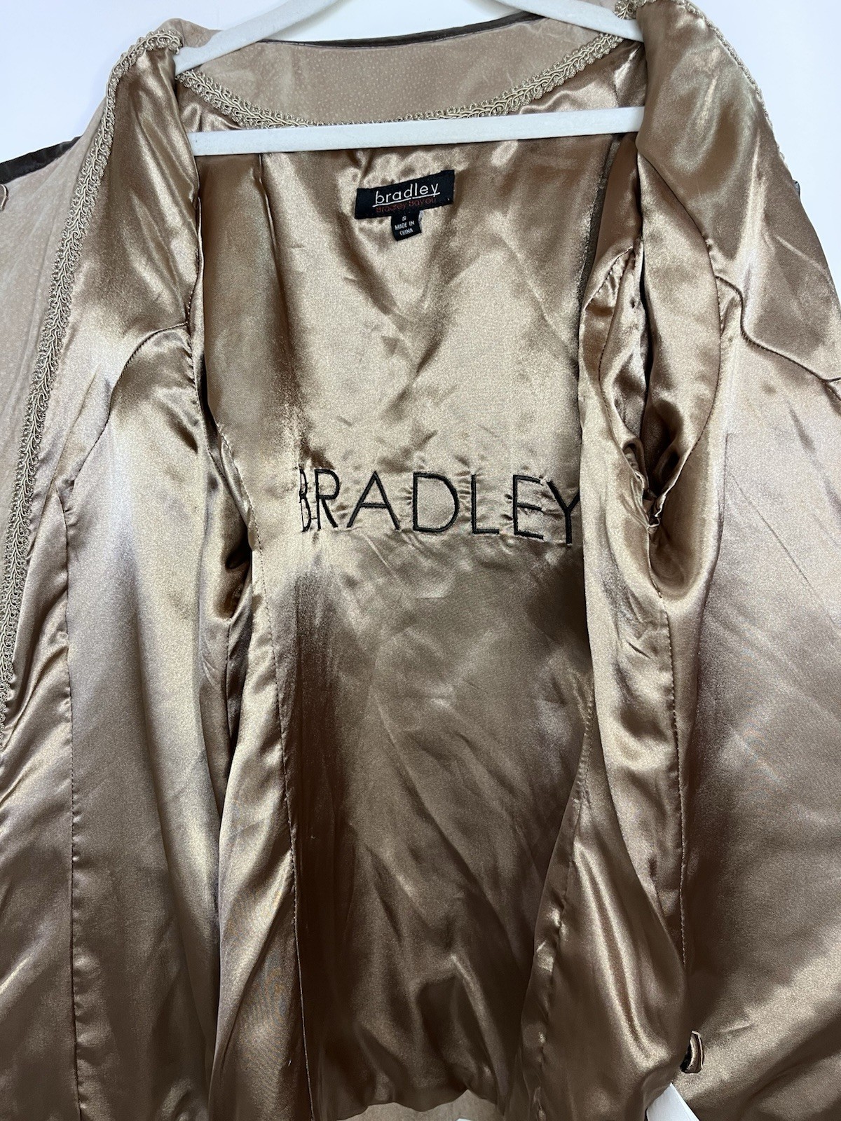 Bradley Bayou Vintage Gray Tweed Tan Leather Varsity Jacket Women’s Size S