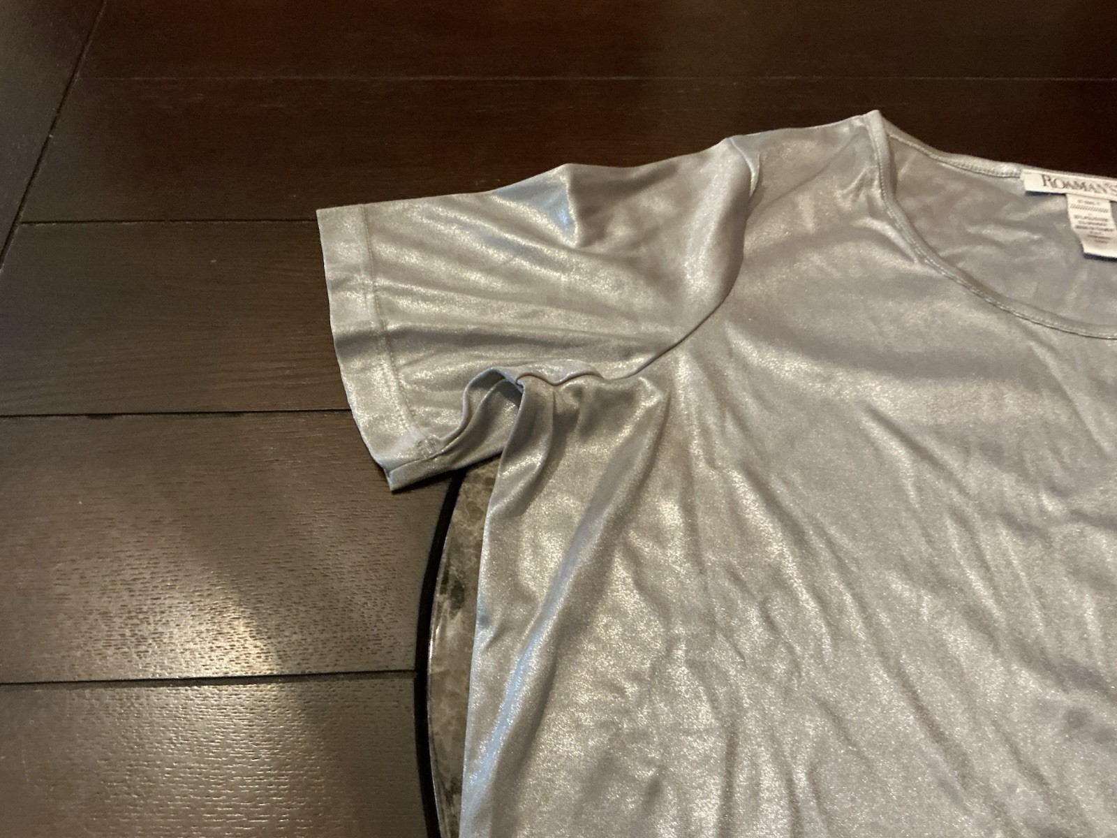 Silver Metallic Satin Shiny Camisole Shirt Top L, Roaman’s, short sleeve, used