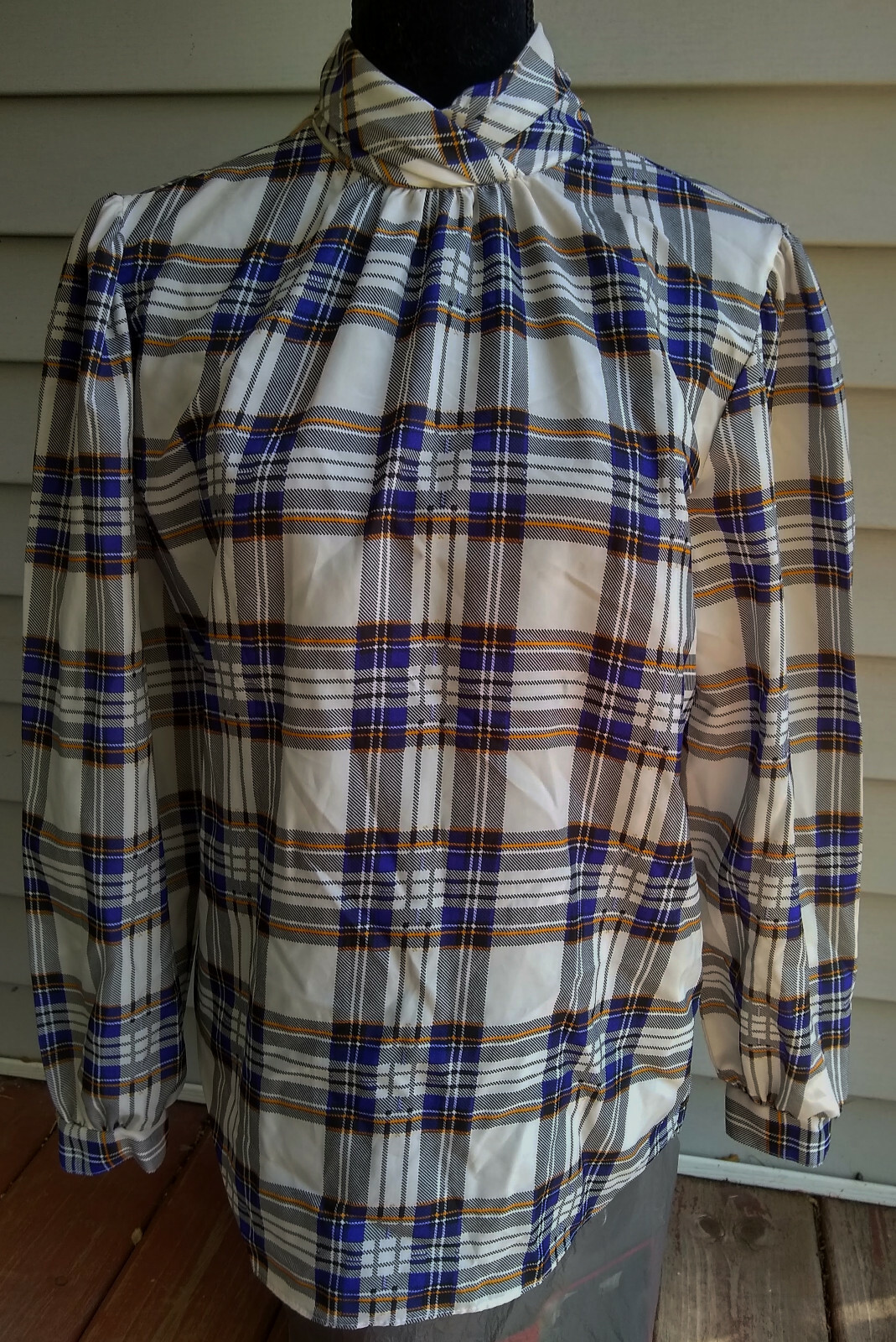 Laura Mae True Vintage High/Mock Neck LS Shirt–White/Purple/Yellow Plaid–Sz 12