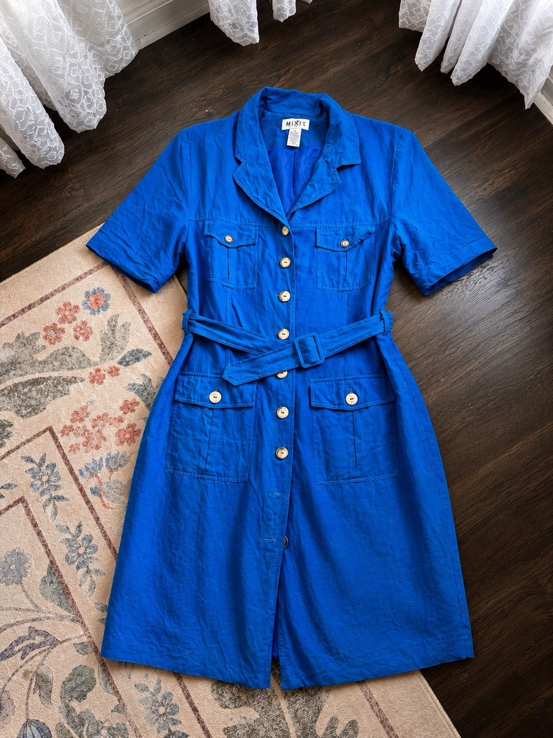 Vintage Women 90s MIXIT Cobalt Blue Silk Safari Shirt Dress Size 14 Belted Midi