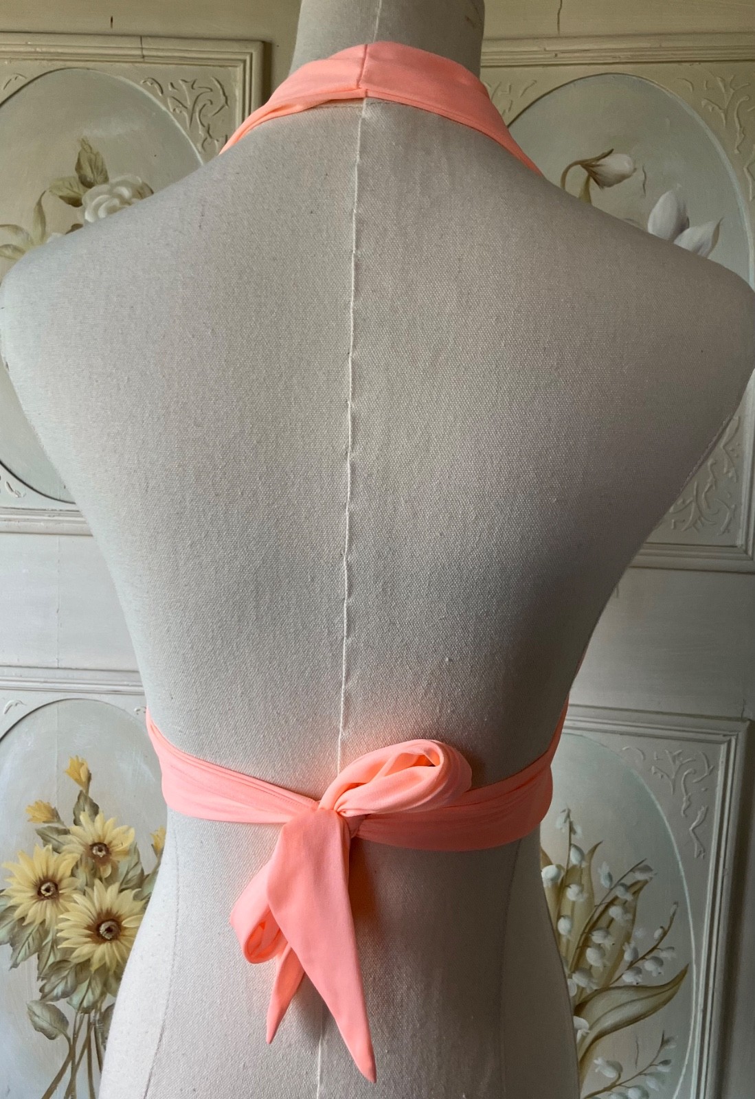 VTG 70s ORANGE SHERBET HALTER TIE TOP WRAP CROP NYLON KNIT UNION/USA-MADE EUC M