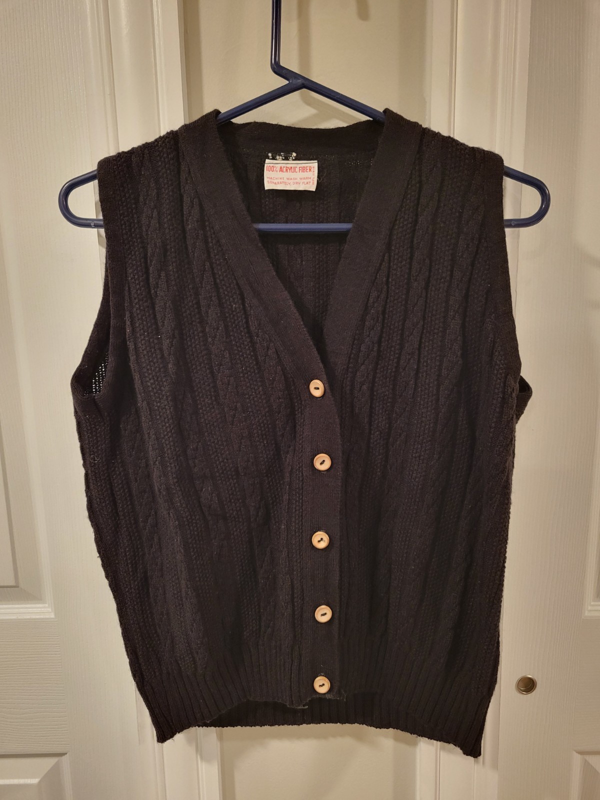 Vtg 70s Black Cable Knit Sweater Vest Cardigan Button Up Acrylic Grandmacore S
