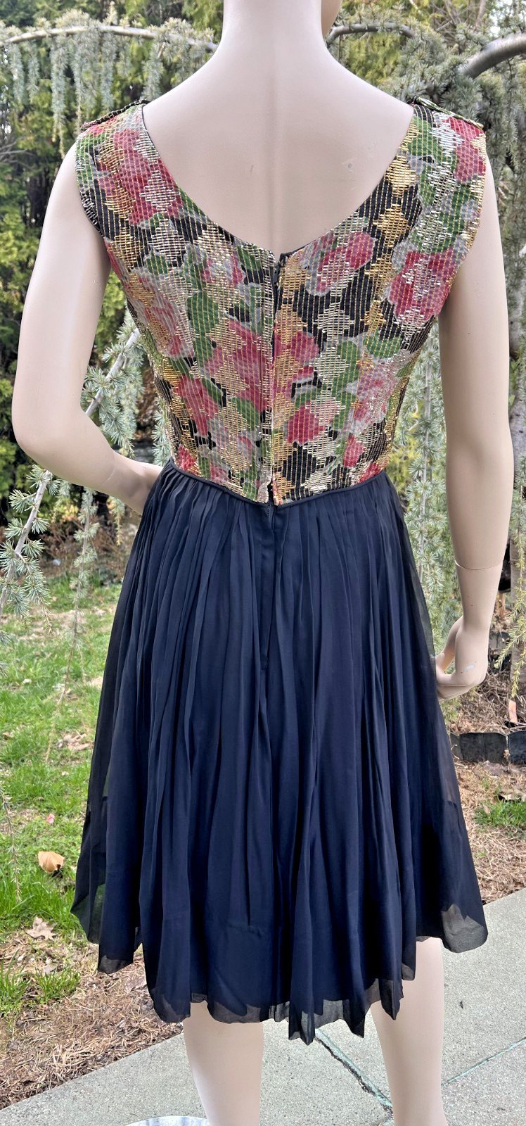 VINTAGE 1950’s 60’s BLACK DRESS W/ MULTI-COLOR METALLIC BODICE & CHIFFON SKIRT