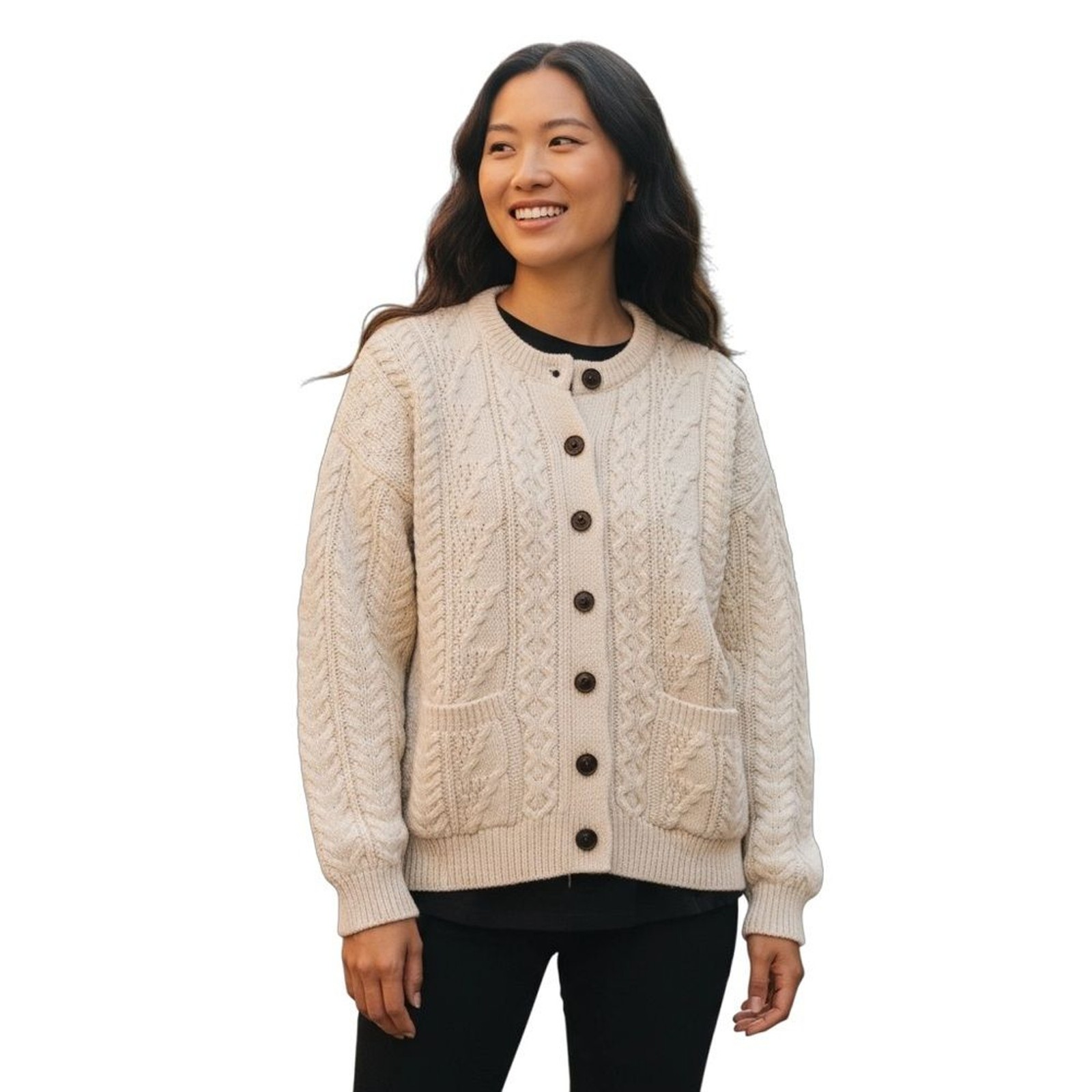 VTG British Wool Chunky Oversize Wool Cable Knit Cardigan Sweater Sz S Ivory