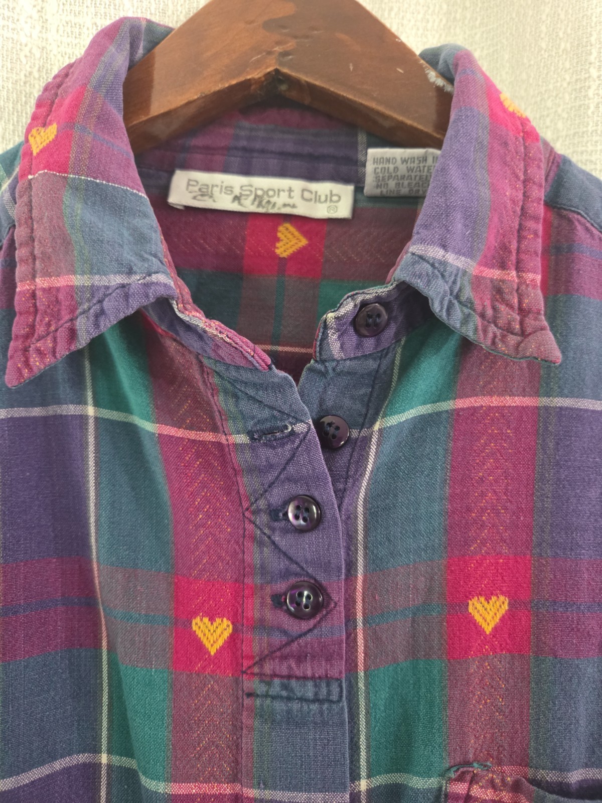 Vintage Paris Sport Club Button Down Heart Flannel Shirt Size M 90’s
