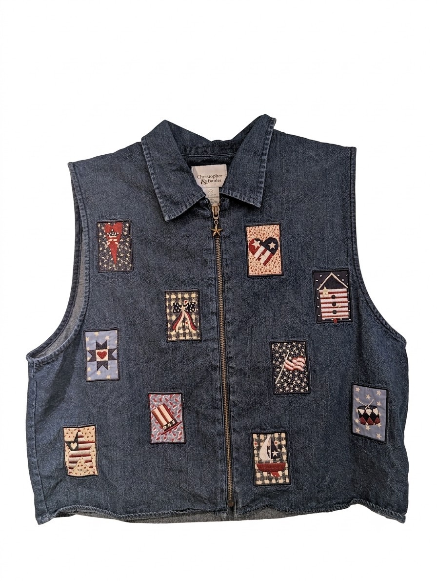 VTG 90s Christopher & Banks Denim Vest Sz XL Patriotic USA Flag Patch Cottage