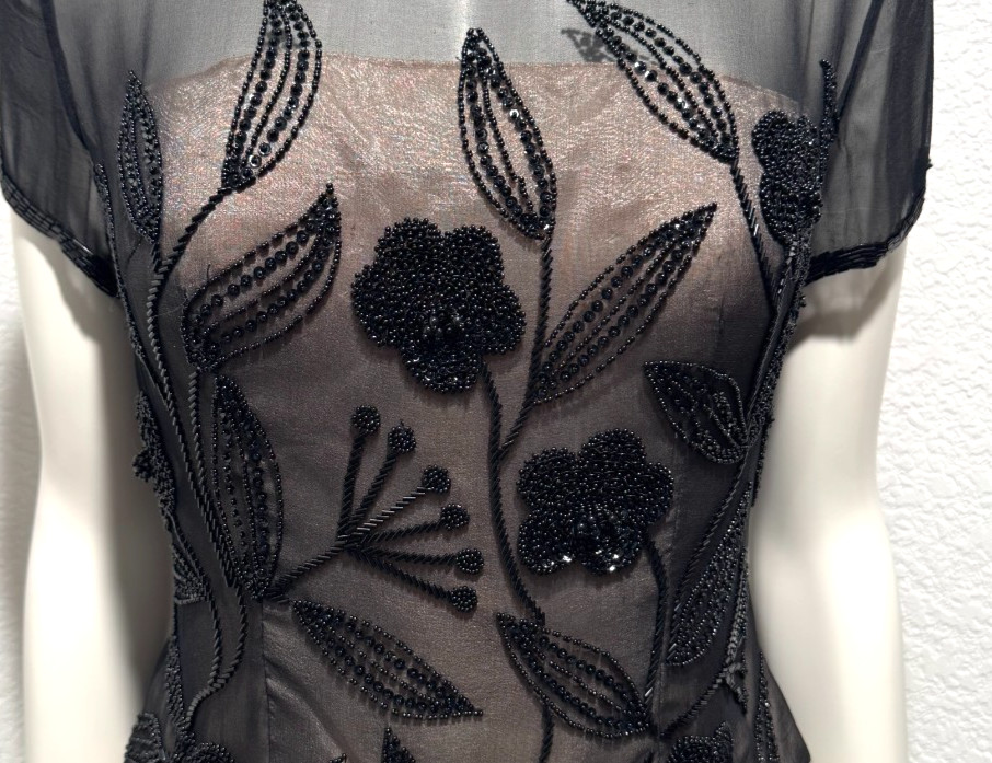 Vtg Adrianna Papell Evening Beaded Silk Top Black Illusion Sheer Nude Lace 6P