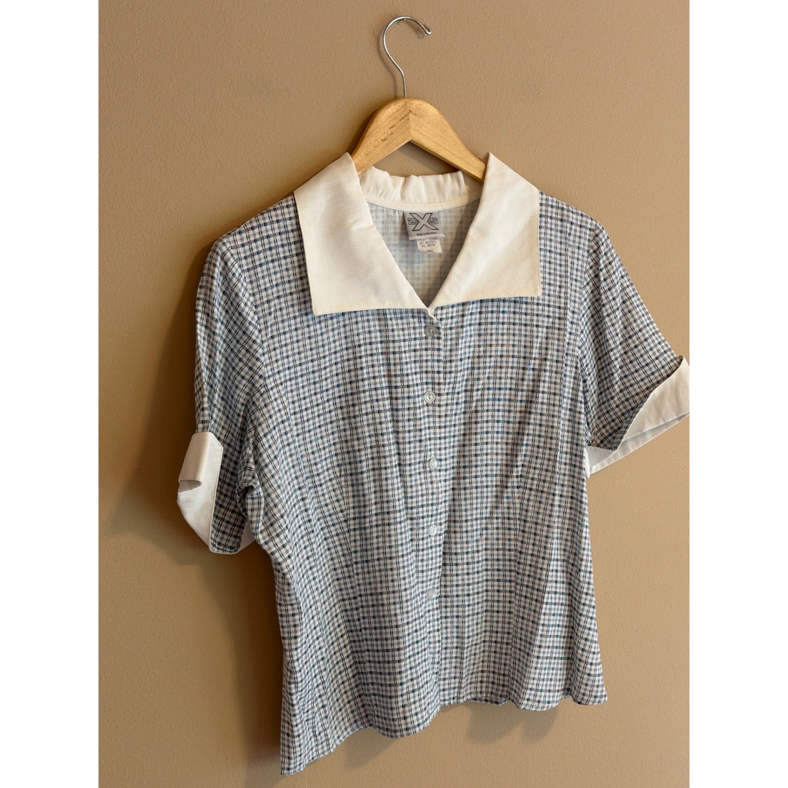 Vintage Blue White Plaid Button Up Blouse Camp Collar Short Sleeve Large USA