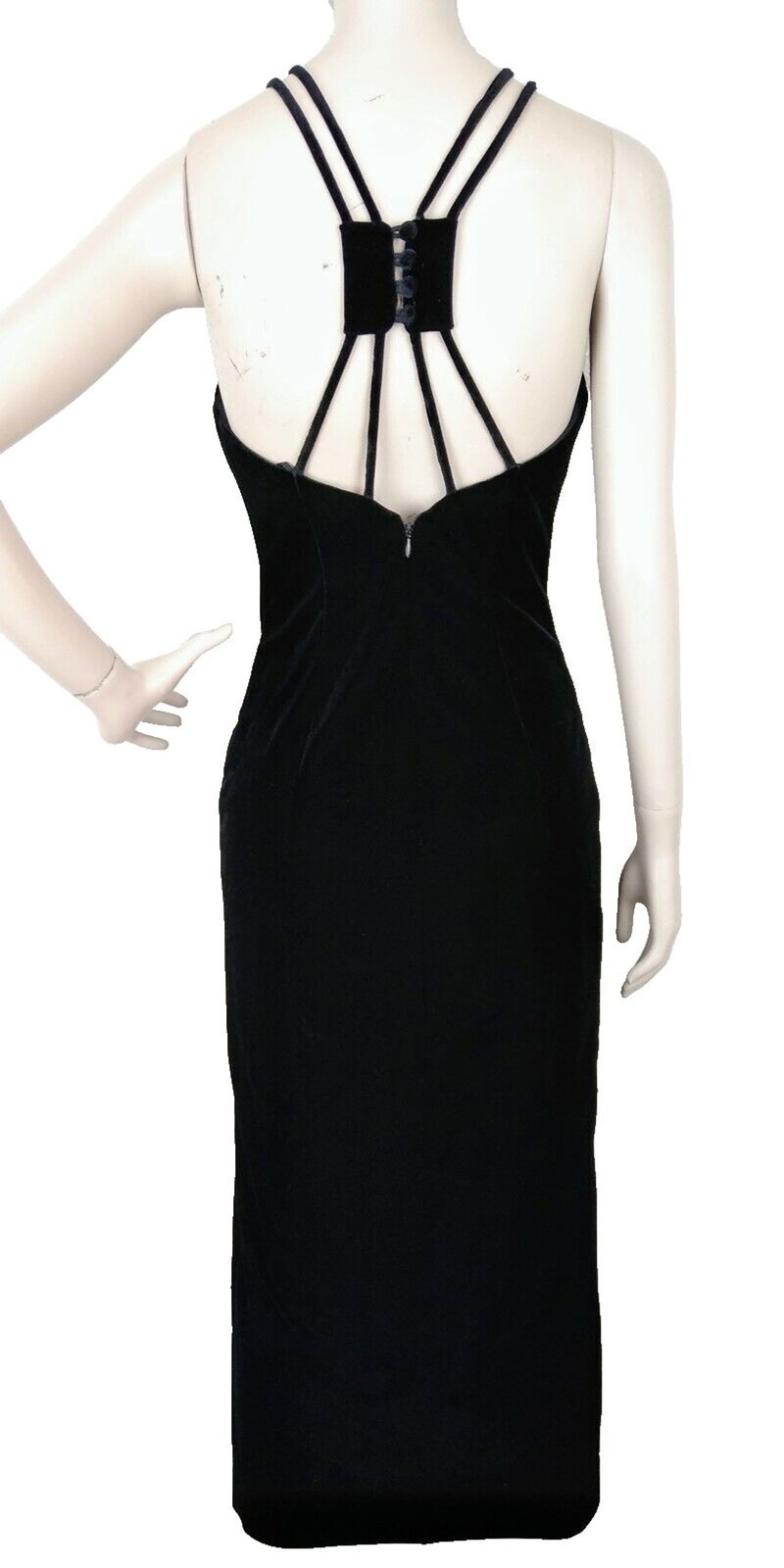 VTG 90s Faviana New York Velvet Strappy Back Maxi Bombshell Slit Cocktail Dress