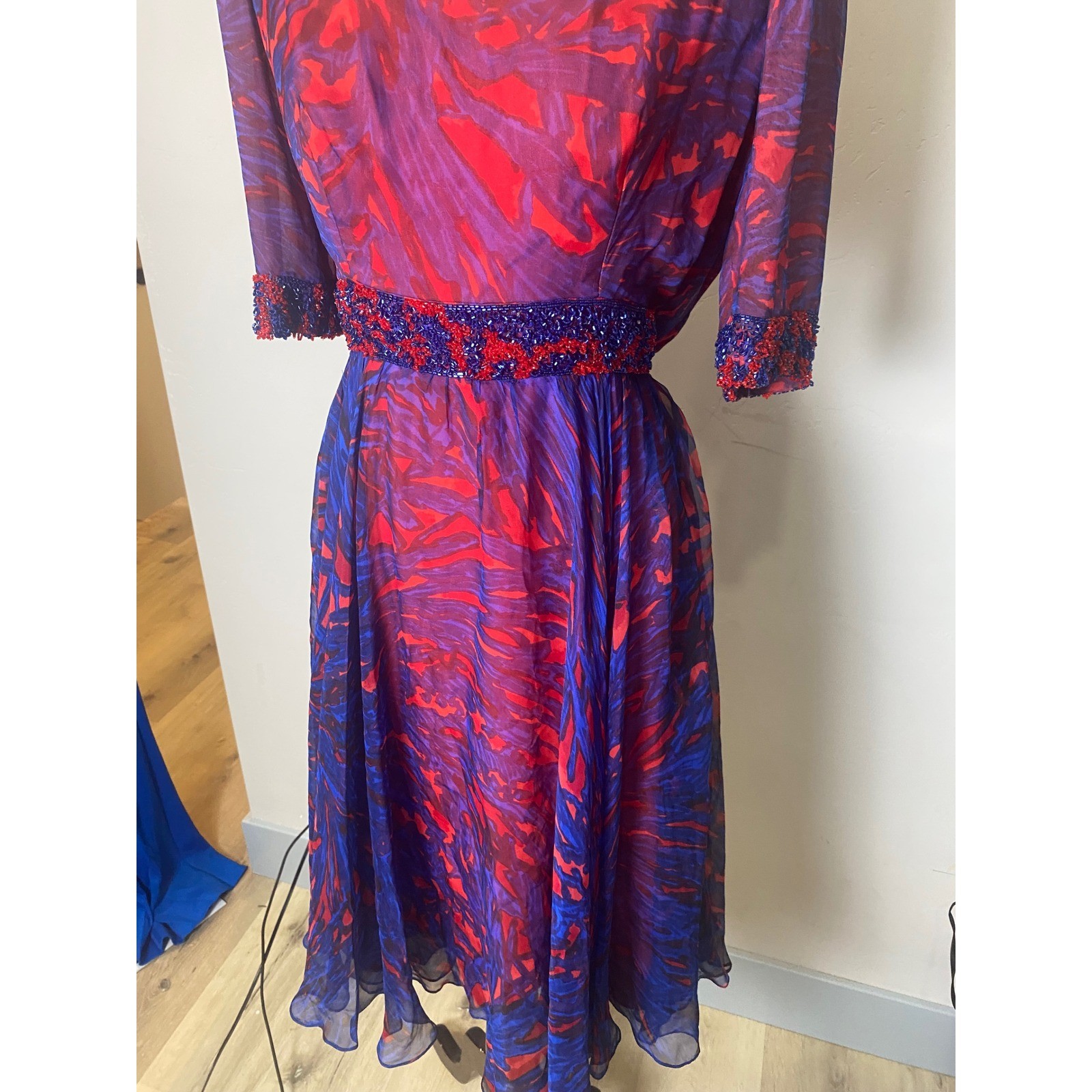 Vintage 60’s Silk Chiffon Beaded Dress Blue Red Abstract Print Cocktail S