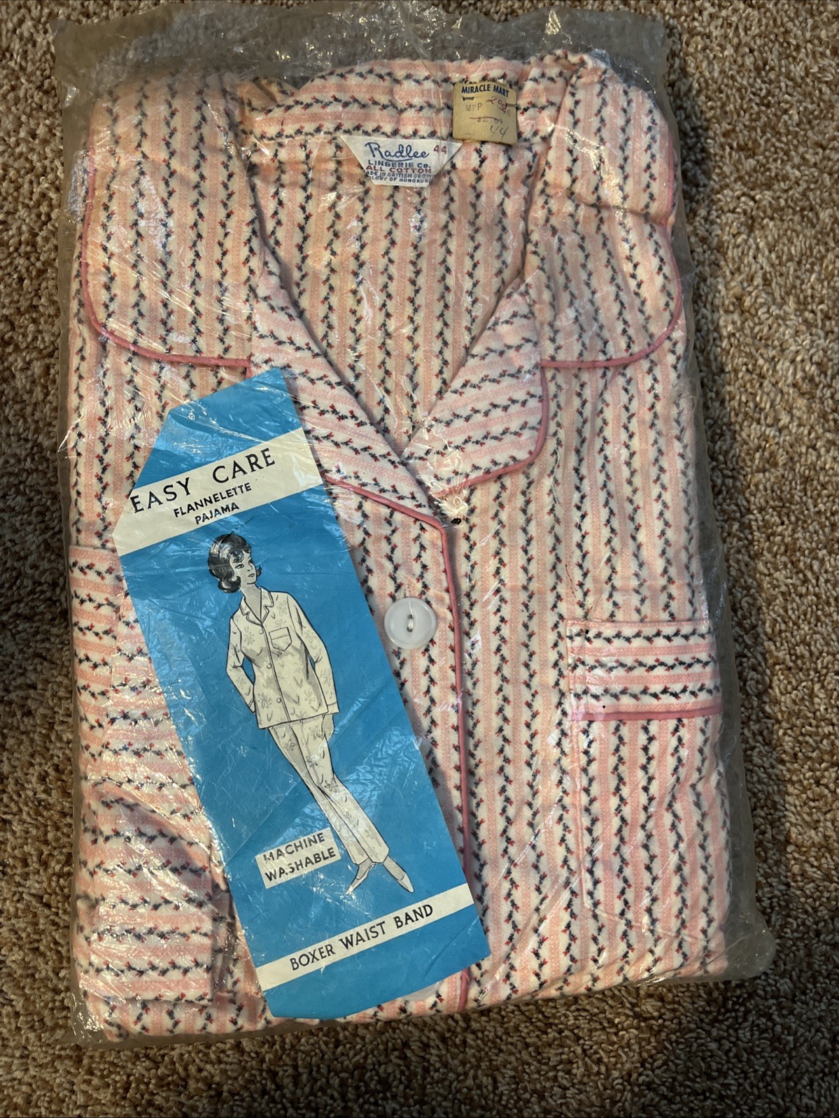 Radlee Lingerie Co Pajama Set Shirt & Pants Pink White Striped 44 Vtg 50s