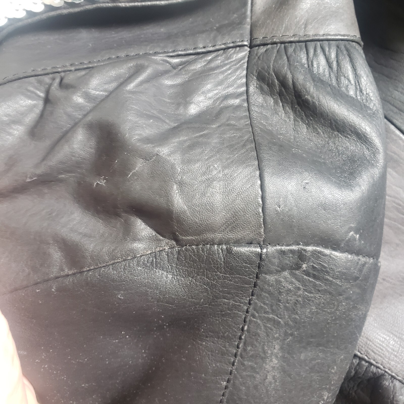 Vtg 80s Sz L black Leather Jacket sequins collar puff sleeves Glam Mobwife