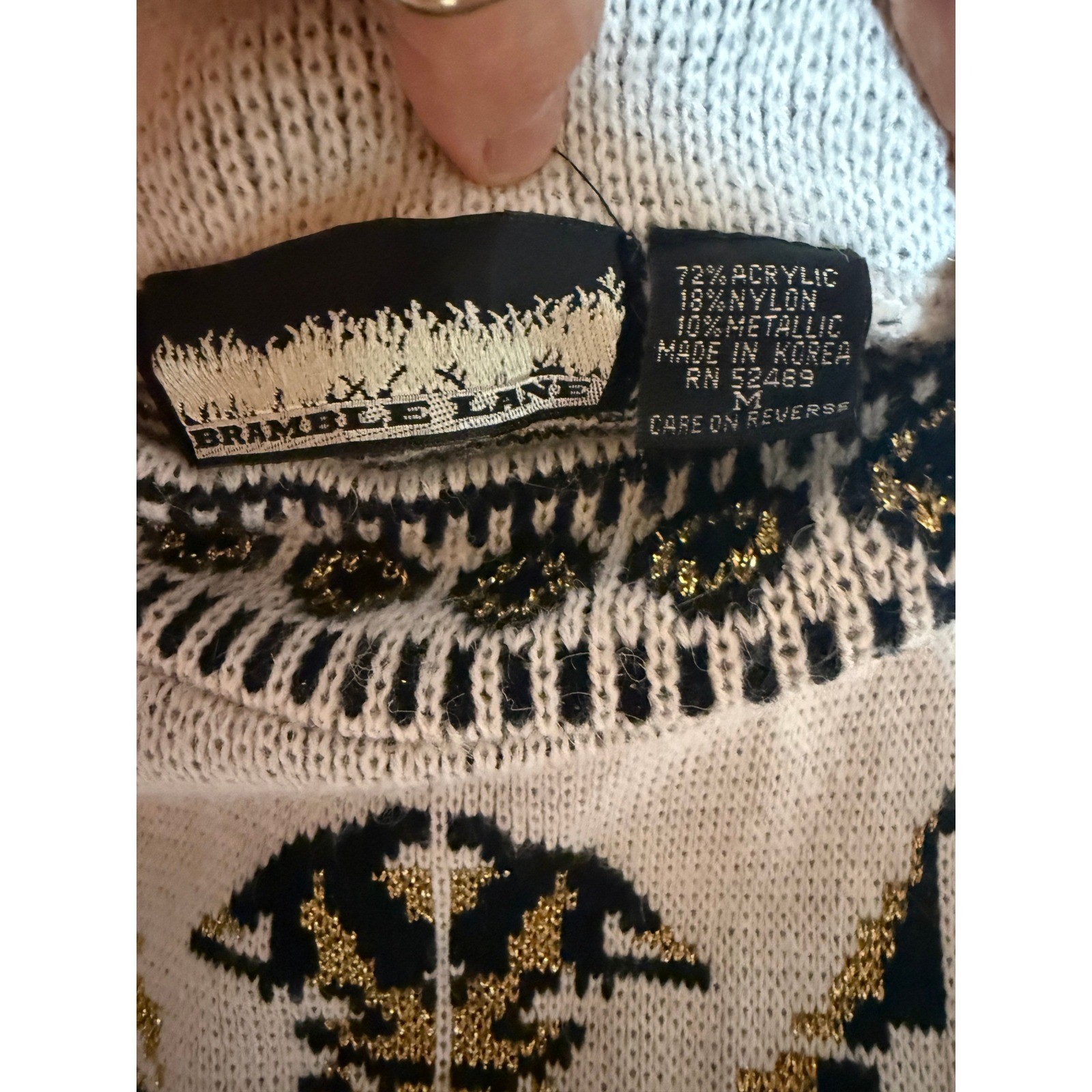 Vintage Bramble Lane Metallic Gold Black Intarsia Mock Neck Sweater Womens M