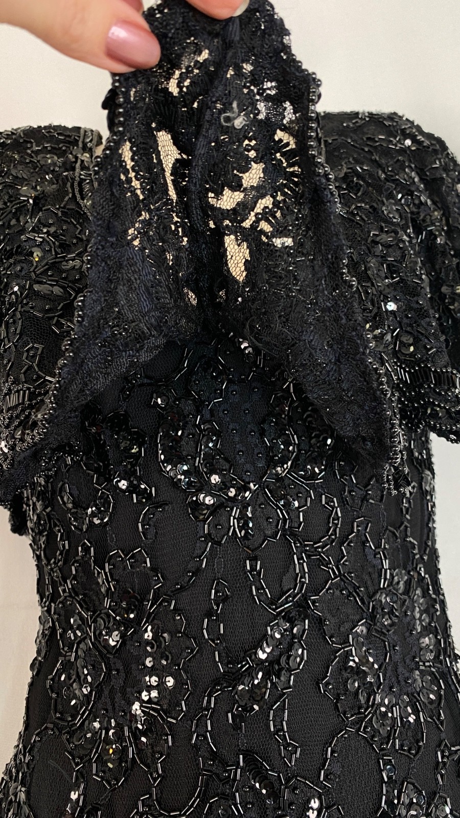 Vintage 1970s black beaded formal dress S pencil wiggle cape sleeve maxi flutter
