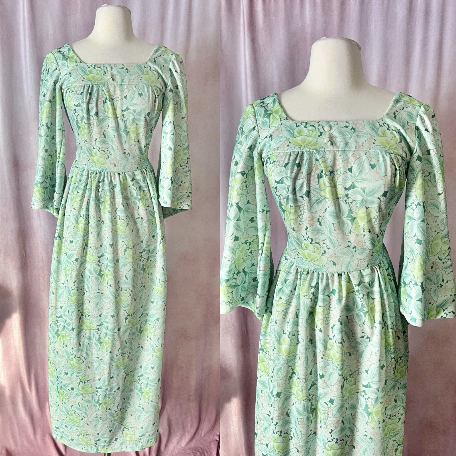 Vintage 70s Prairie Dress S/M Green Floral Maxi Flare Bell Sleeve Cottage Spring
