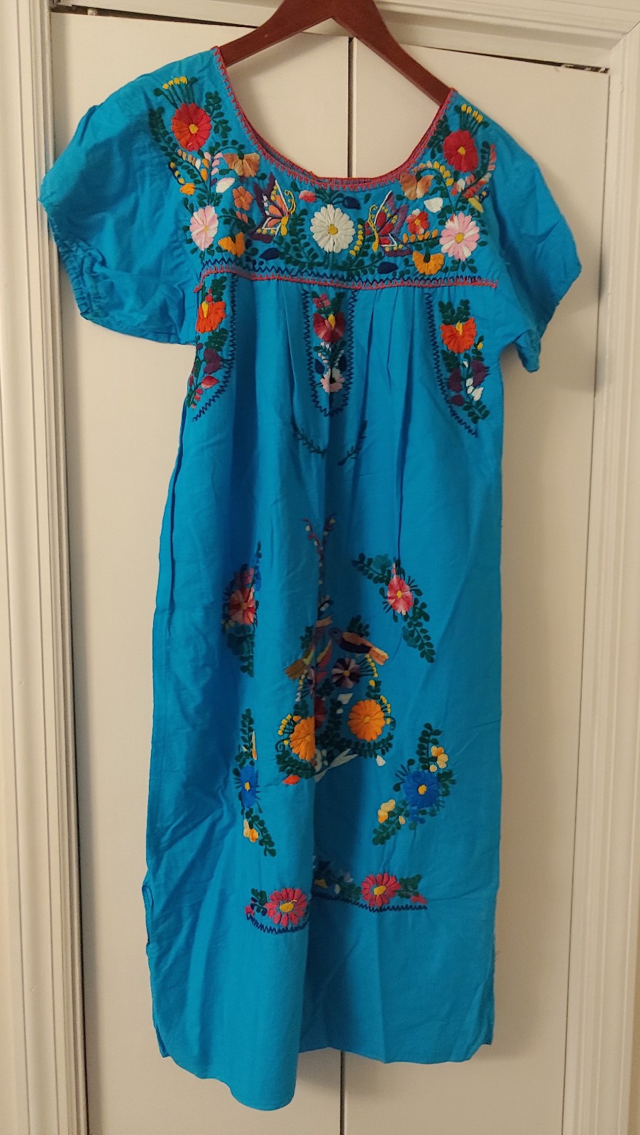 Vintage Mexican Huipil Dress Turquoise Floral Embroidered Puebla