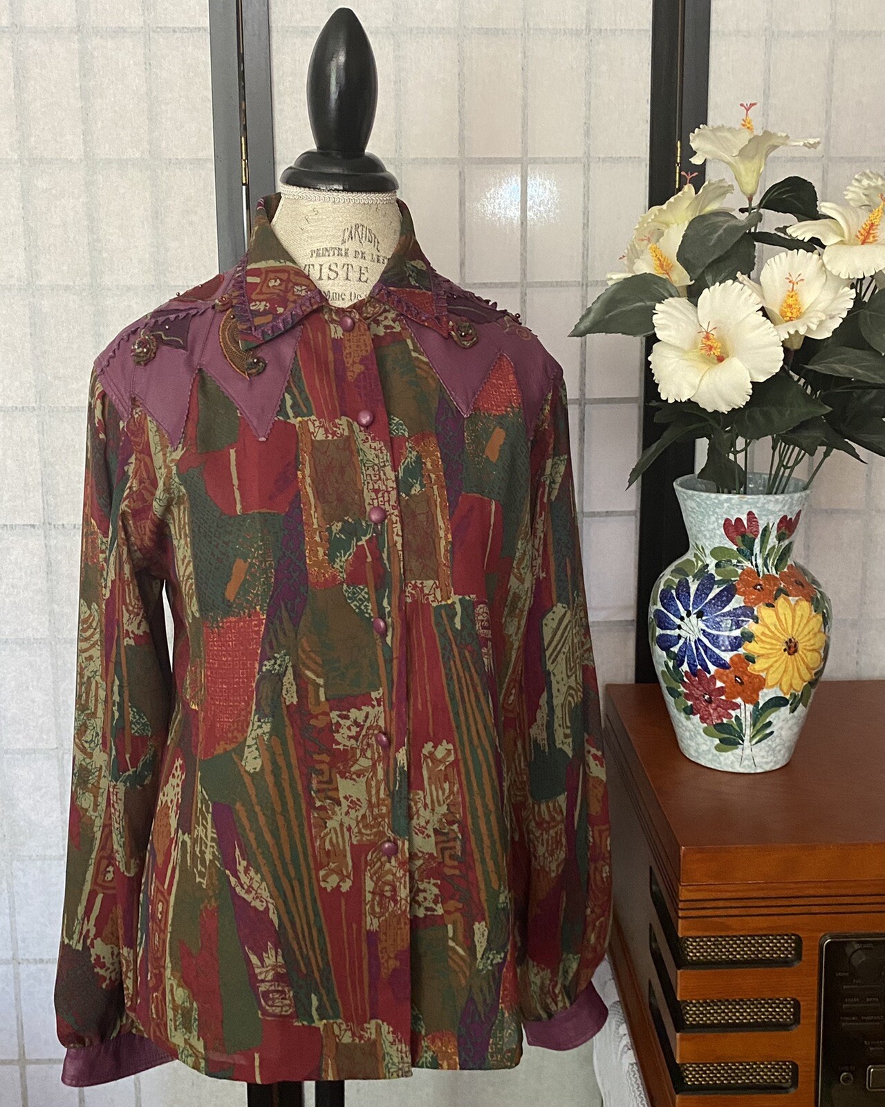 Vtg 80s Marc D’Alcy Wom 8 Cowgirl/Cowboy Western Blouse Genuine Leather Yokes!