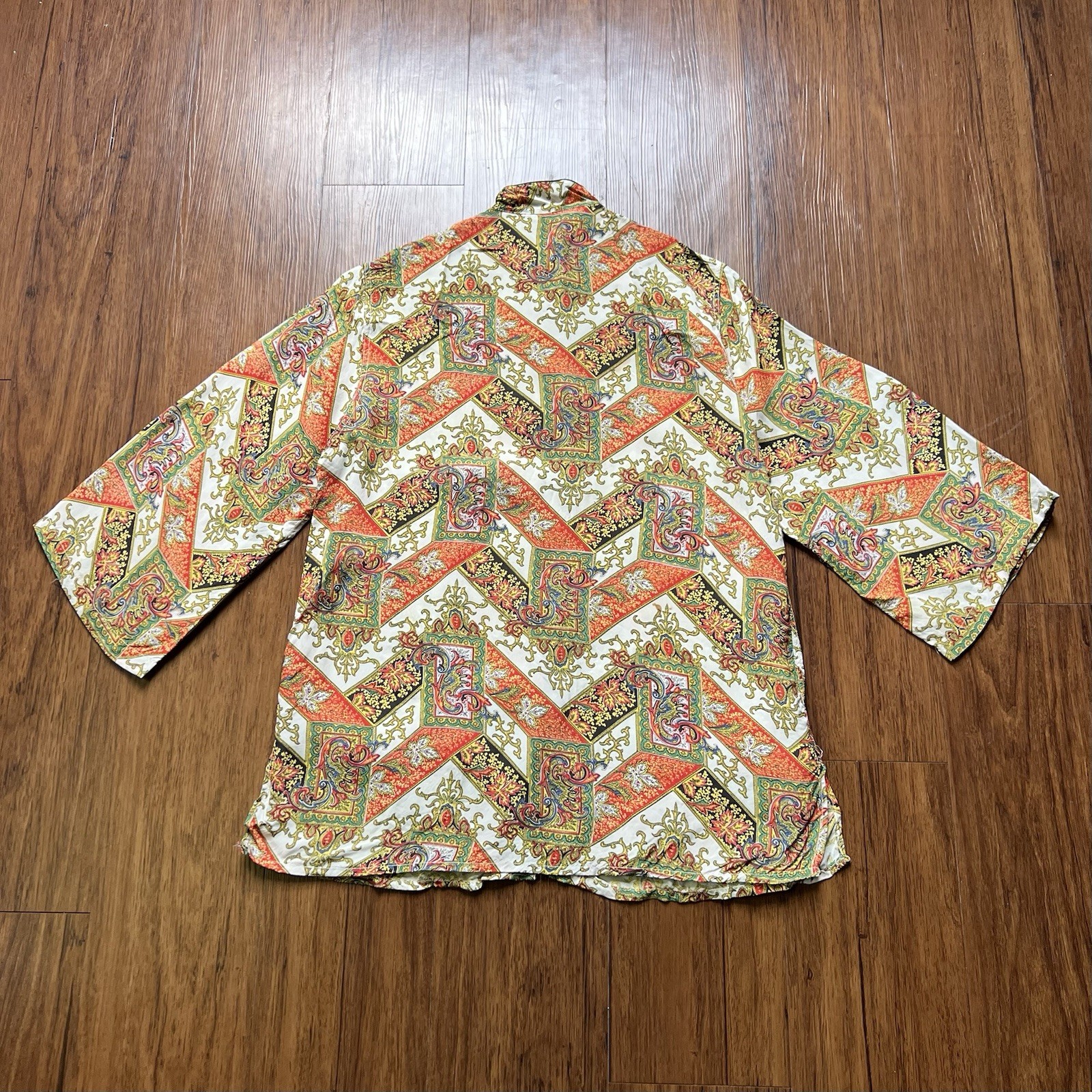 Vintage Mara Kobb Shirt Colorful Print Button Rayon Mandarin Collar 1940’s 50’s