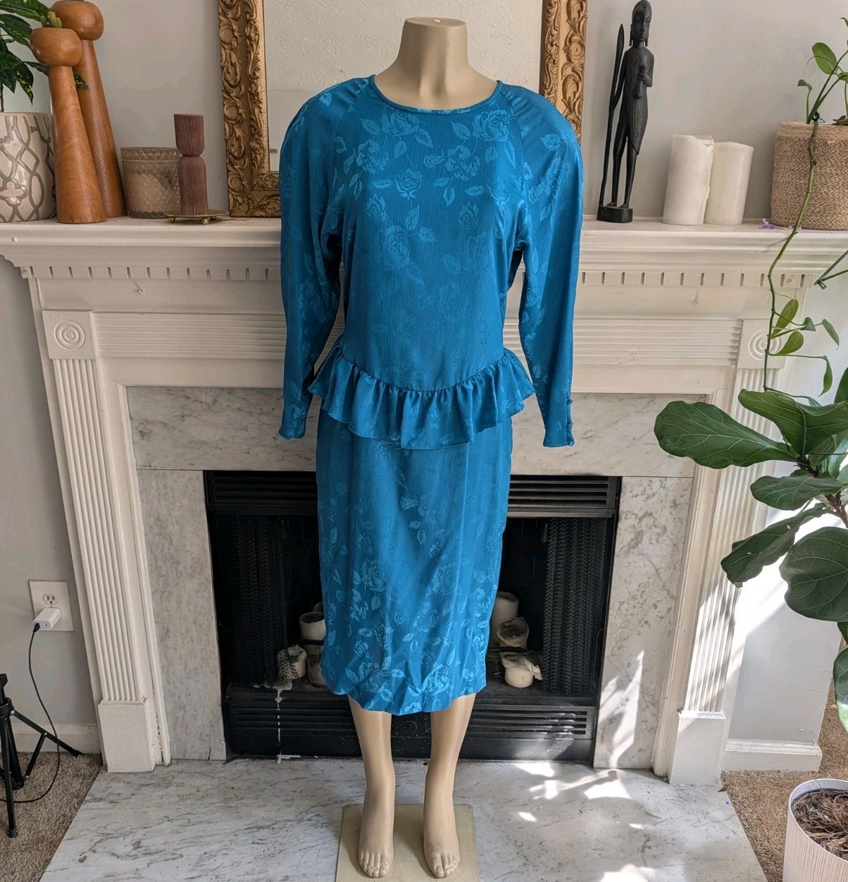 Vintage 80s Blue Teal Peplum Midi Dress Size 12 Floral Jacquard Drop Waist
