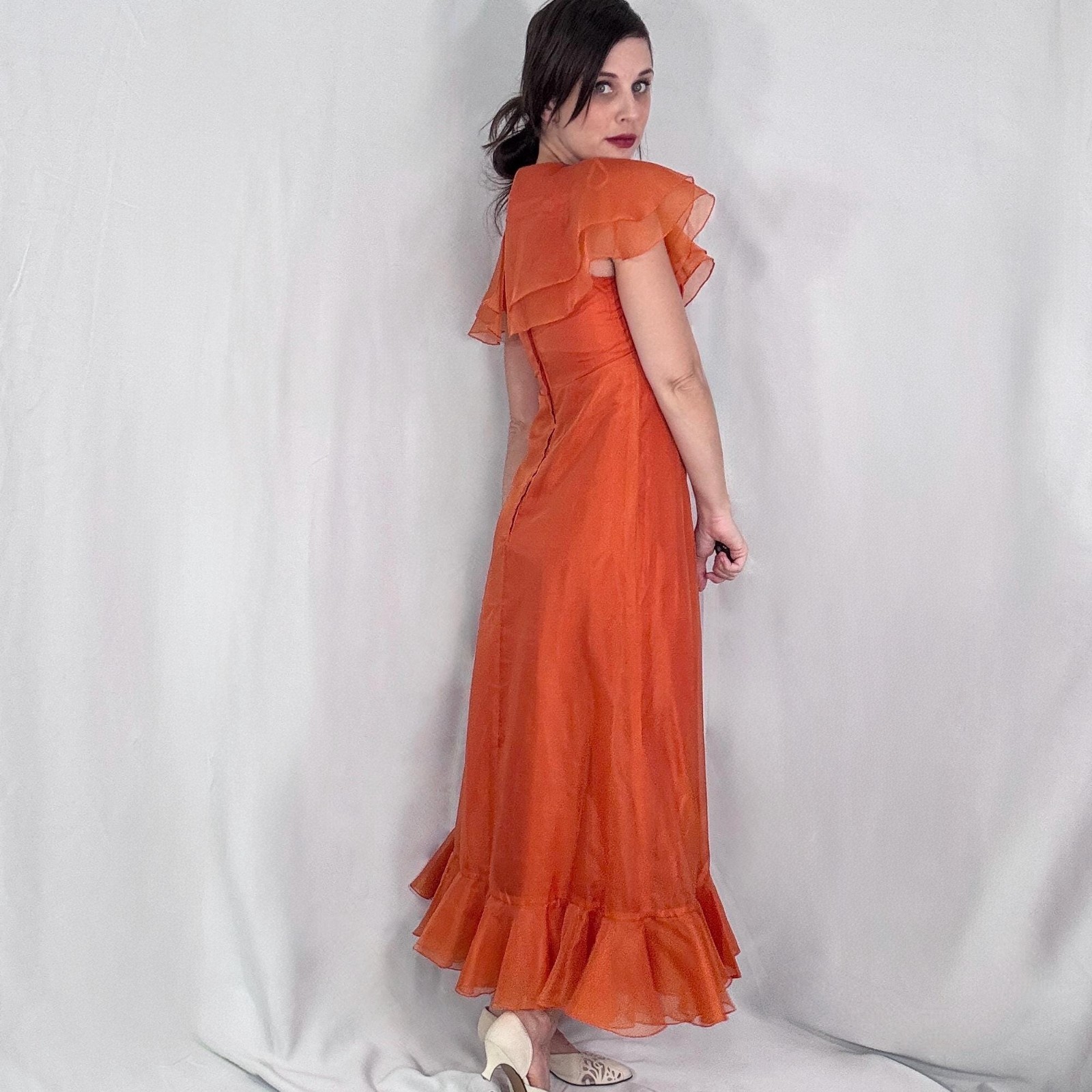 Vintage 70s Gown 2 Orange Sheer Organza Empire Waist Cape Sleeve Glam Formal