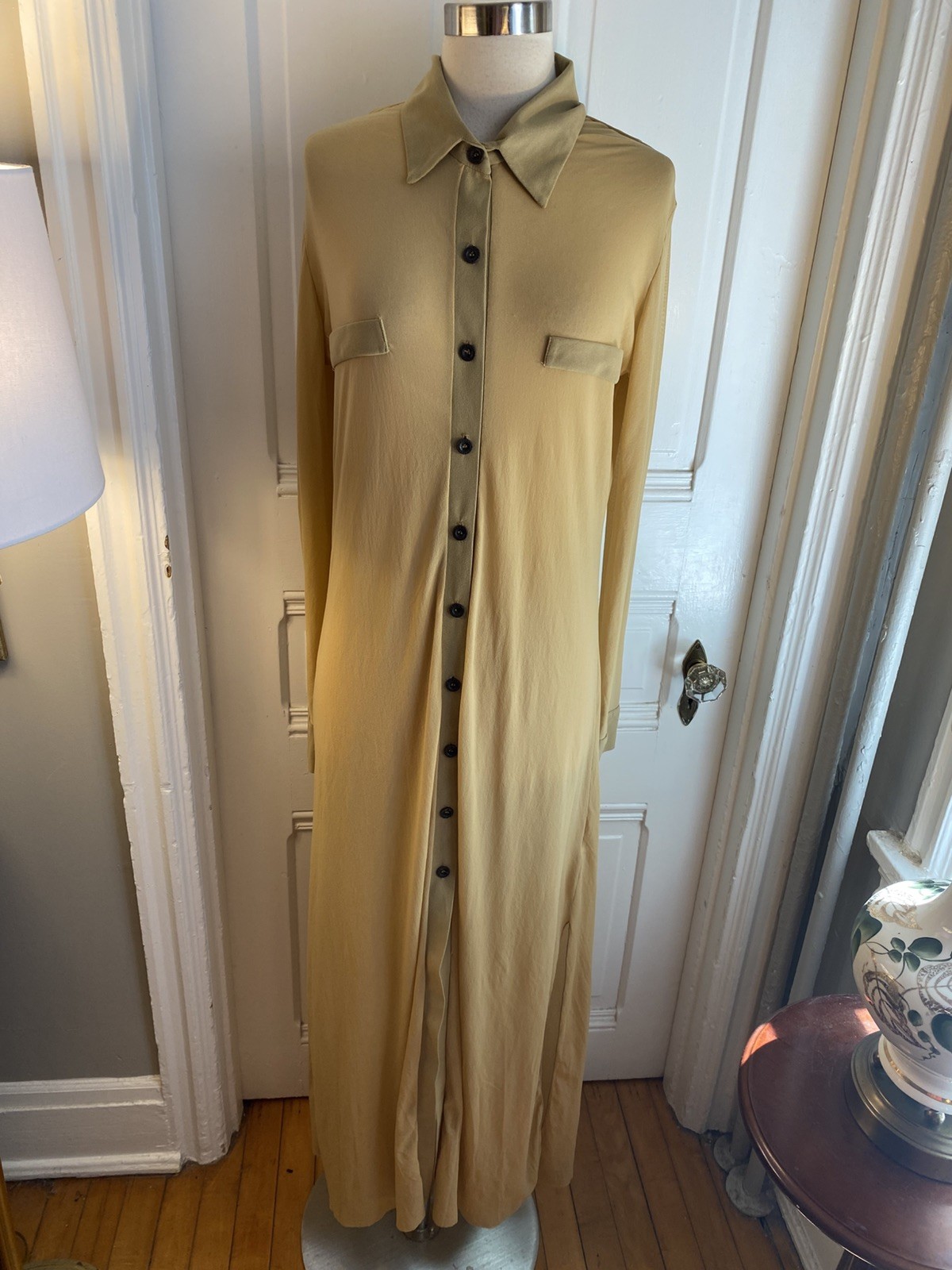 PETIT POIS BY VIVIANA G LONG A-LINE BEIGE DRESS-SIZEL-100% NYLON-BUTTON FRONT!!