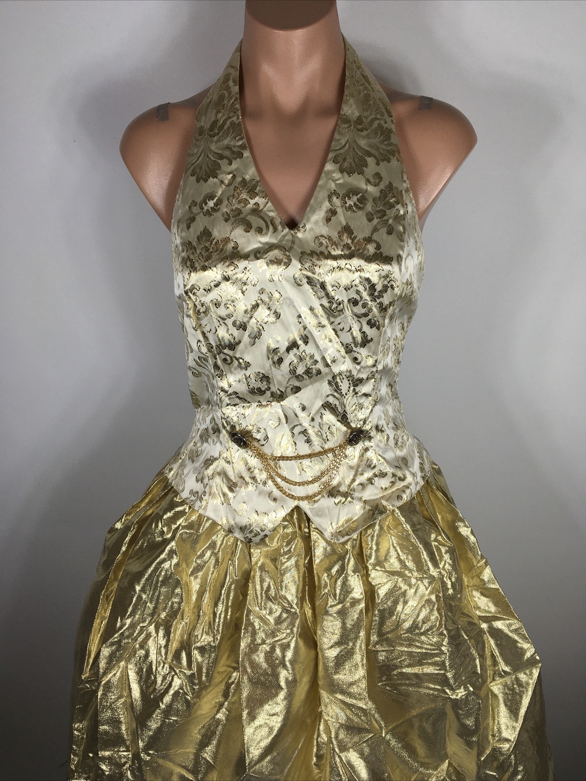 Jessica Mcclintock Gold Lame Halter Dress 7/8 PROM PARTY Vtg 80s 90s Metallic