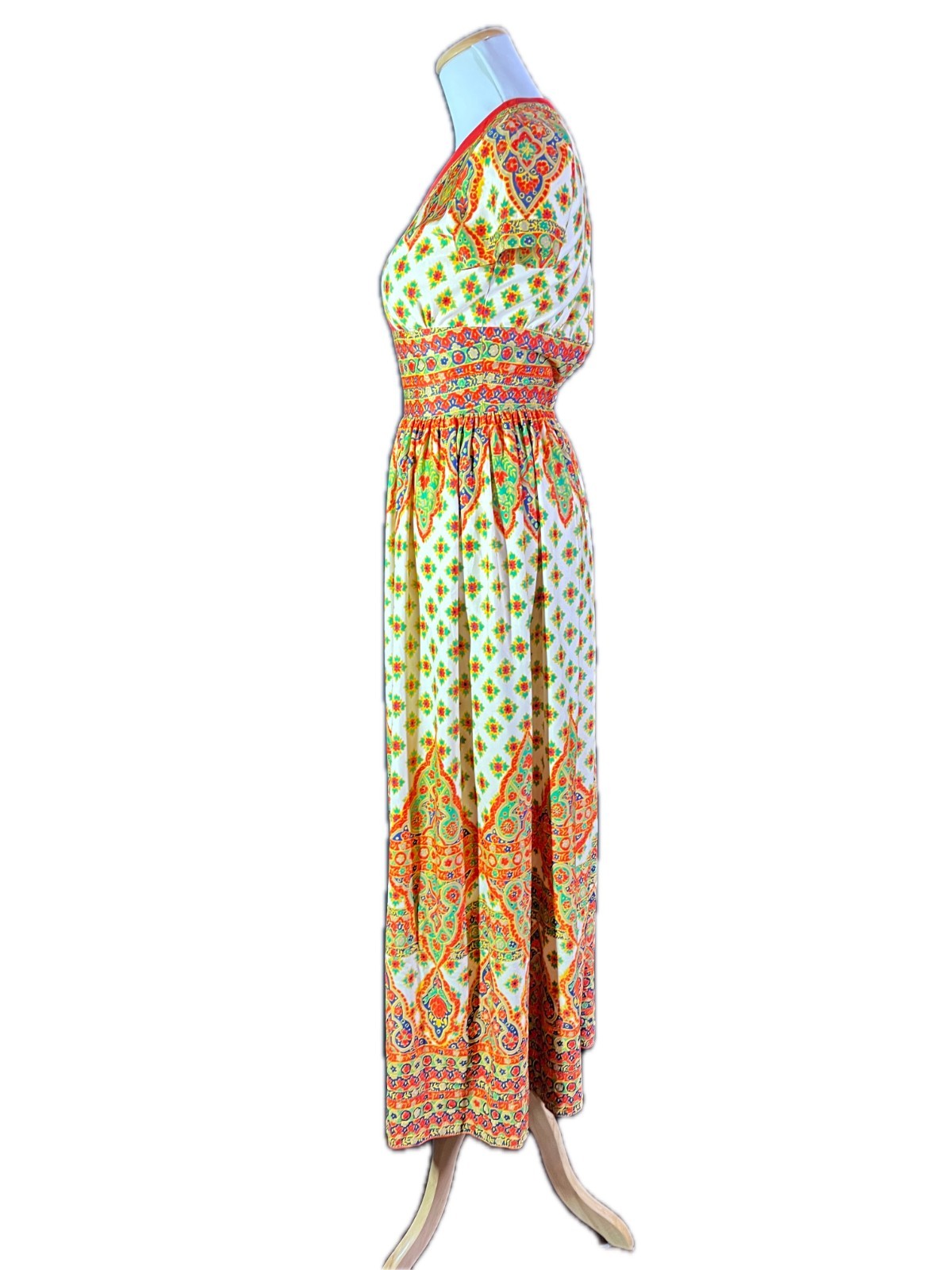 Vintage 1960s Maxi Dress Paisley Short Sleeve Metal Zipper