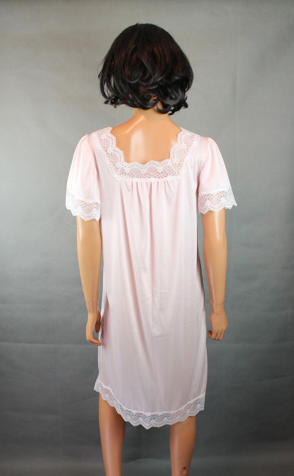 Shortie Nightgown Sz S Vintage Spotlight Pale Pink Nylon White Lace Short Sleeve