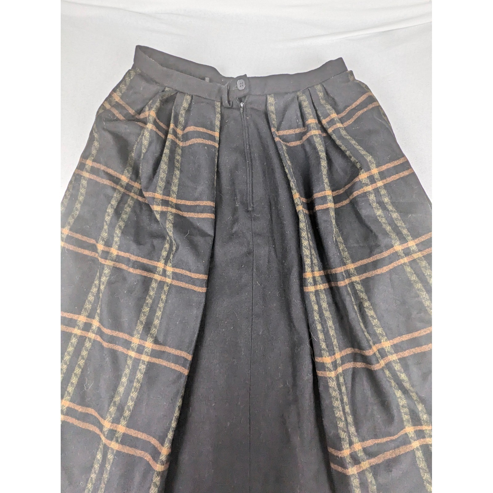 Vtg Litza Windowpane Plaid Pleated Midi Skirt Black/Brown W. Germany 30W