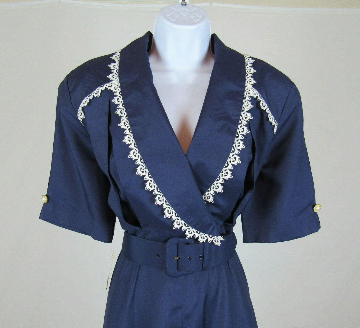 VTG 1970s 80s BETSY LAUREN BLUE DRESS SIZE 9-10 WHITE LACE TRIM BELT POLY RAYON