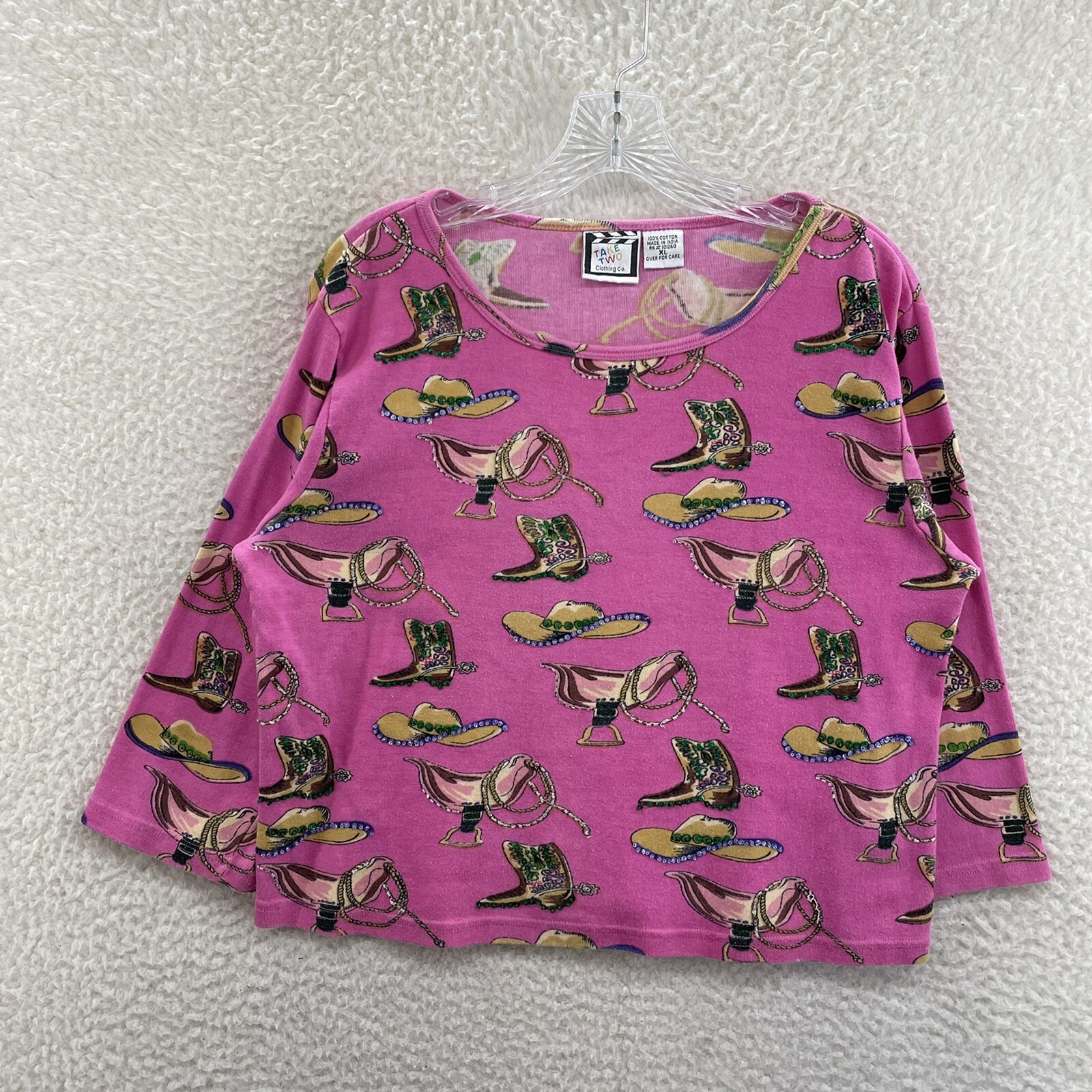 Y2K Vintage Top Shirt XL Pink Western Cowboy Cowgirl Rodeo Beaded McBling Bling