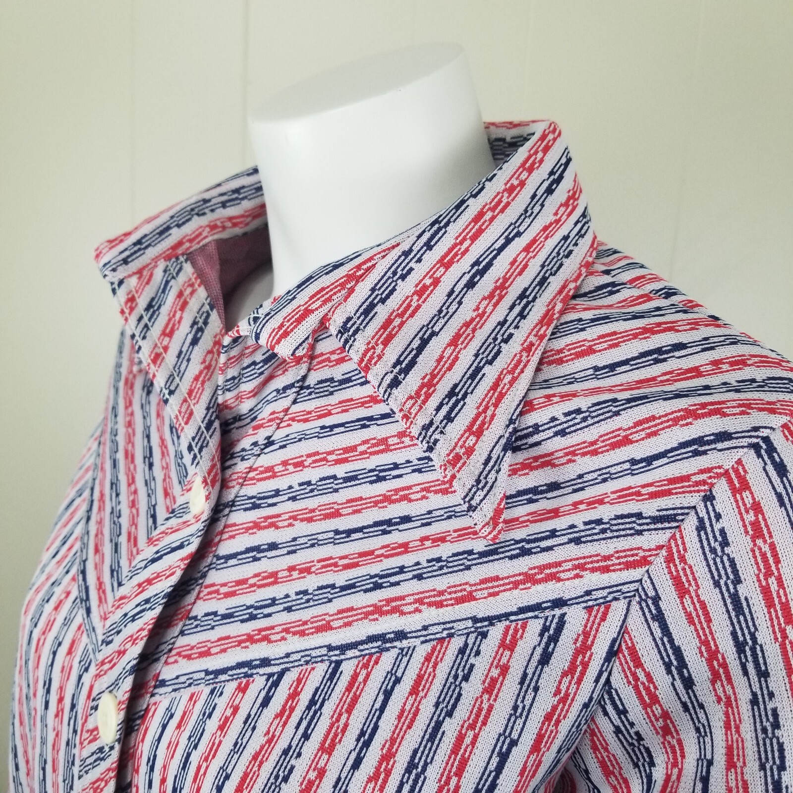 Vtg Big Collar Shirt 12 M 8 Red White Blue 70s Button Stripe Rockabilly Poly