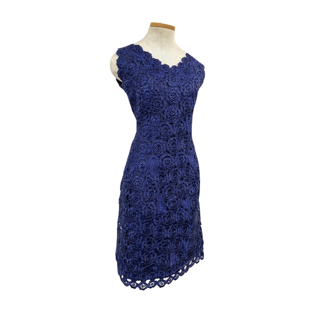Vtg 40s 50s 1940s Mid Century Bombshell Pin Up Raffia Crochet Navy Wiggle Dress